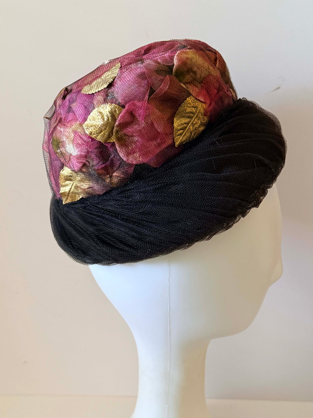 Vintage 1950s Black Tulle Cocktail Hat Pink Mauve Gold Floral Petal Crown Draped Net Women's Mid Century Millinery