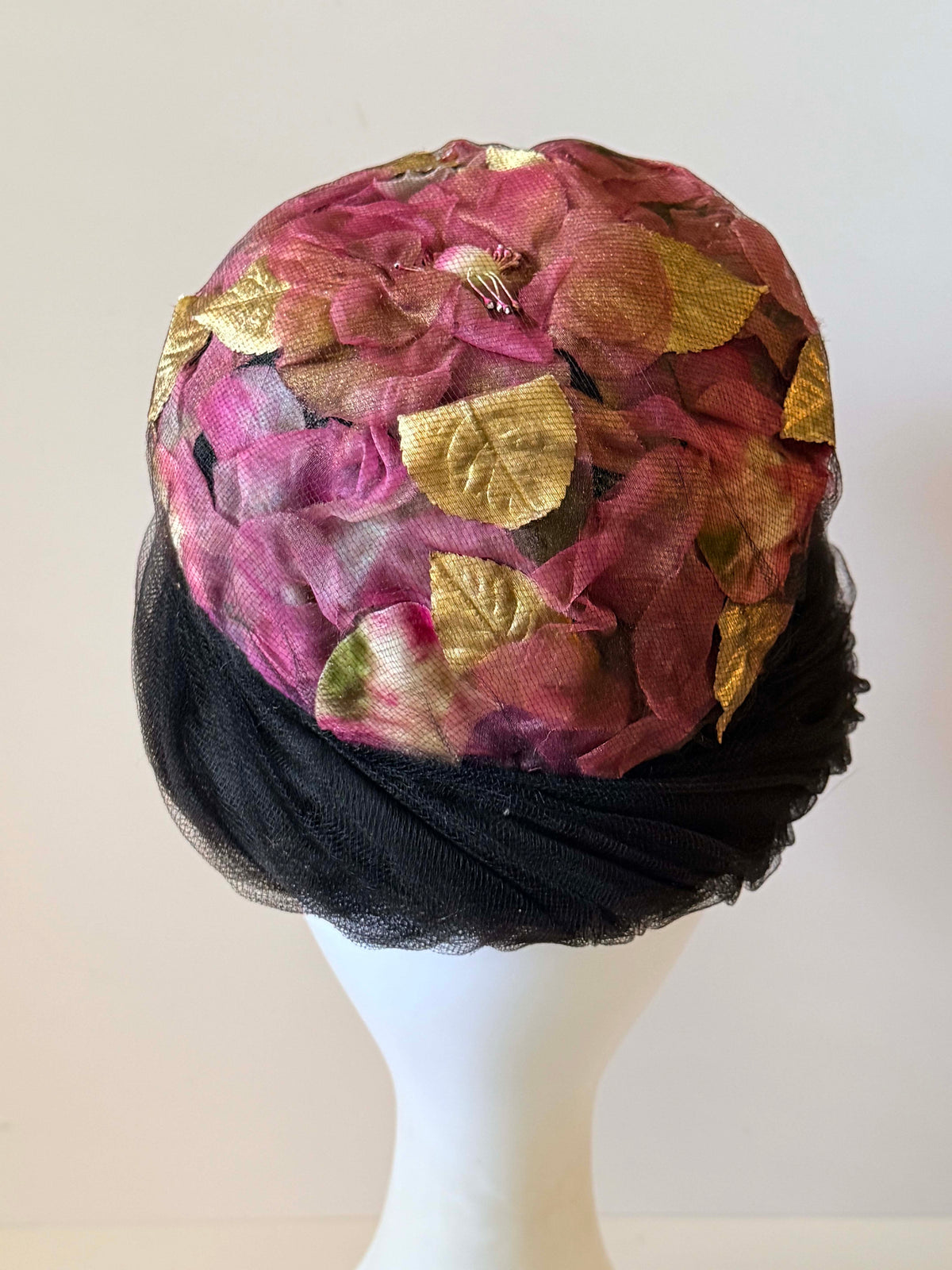 Vintage 1950s Black Tulle Cocktail Hat Pink Mauve Gold Floral Petal Crown Draped Net Women's Mid Century Millinery