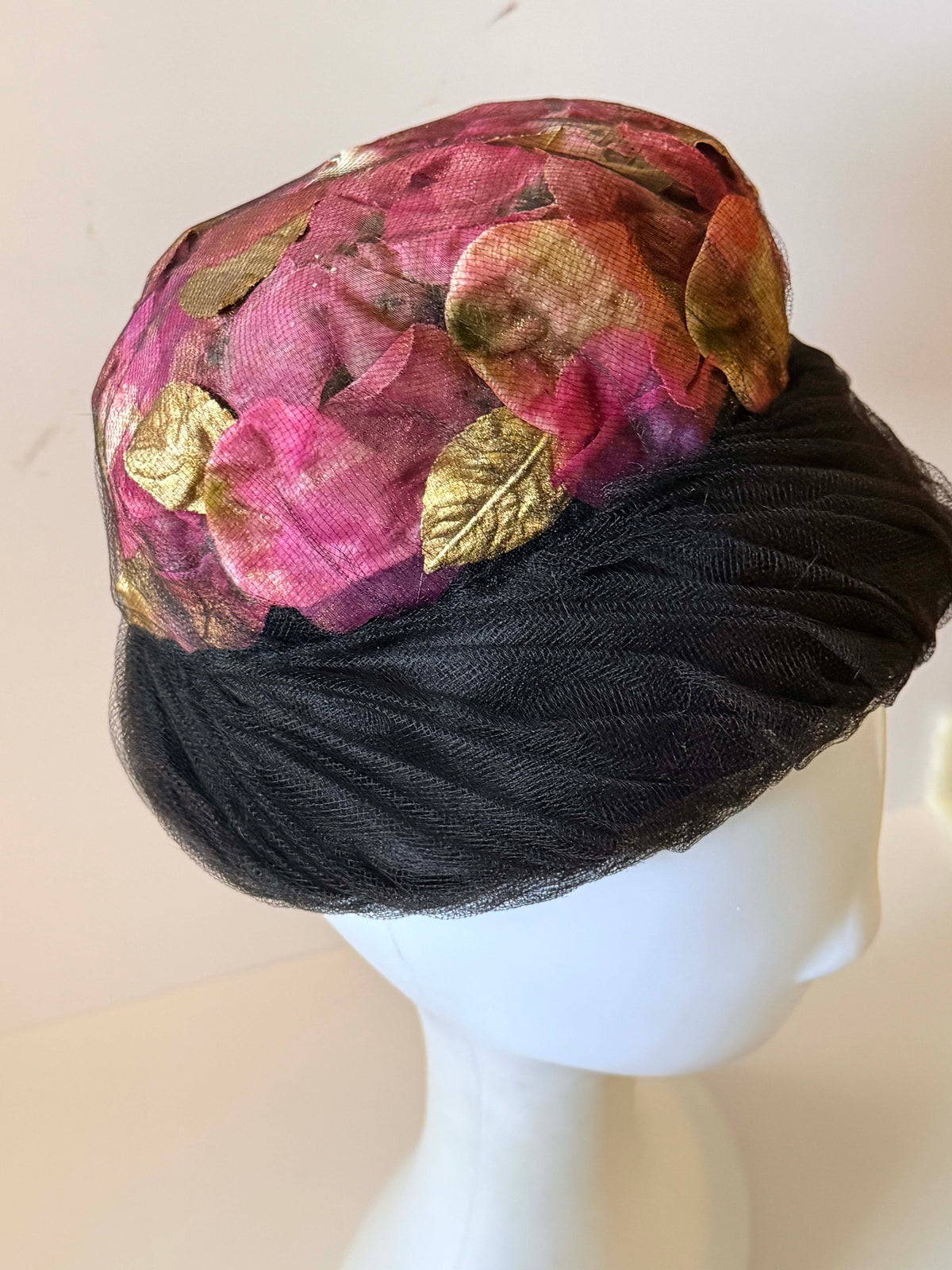 Vintage 1950s Black Tulle Cocktail Hat Pink Mauve Gold Floral Petal Crown Draped Net Women's Mid Century Millinery