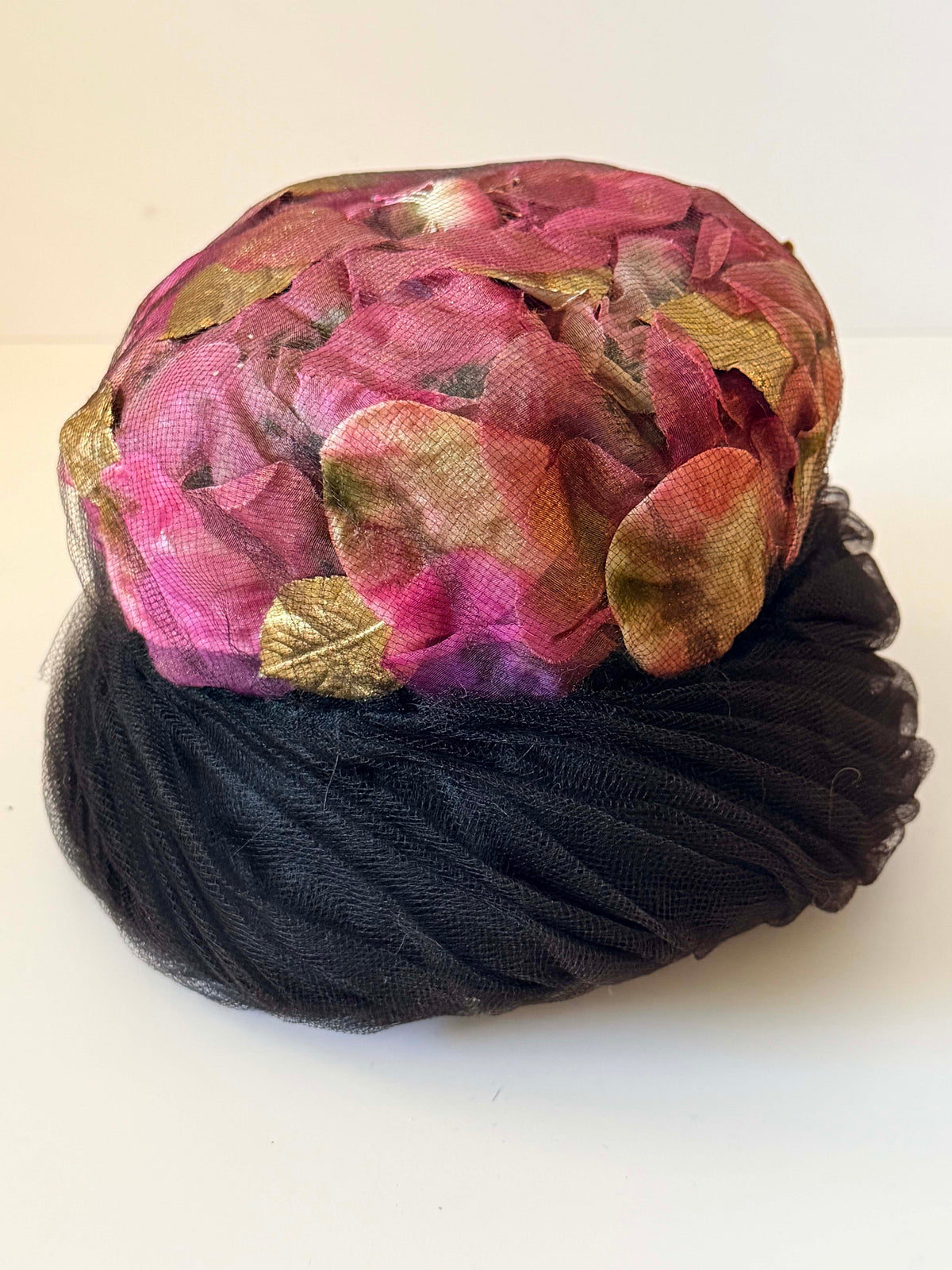 Vintage 1950s Black Tulle Cocktail Hat Pink Mauve Gold Floral Petal Crown Draped Net Women's Mid Century Millinery
