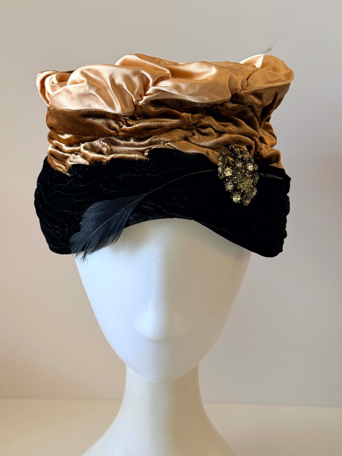 Vintage 1940s Hanna Chapeaux Pittsburgh Black Velvet Hat Champagne Satin Ruched Crown Rhinestone Brooch Feather Trim Millinery