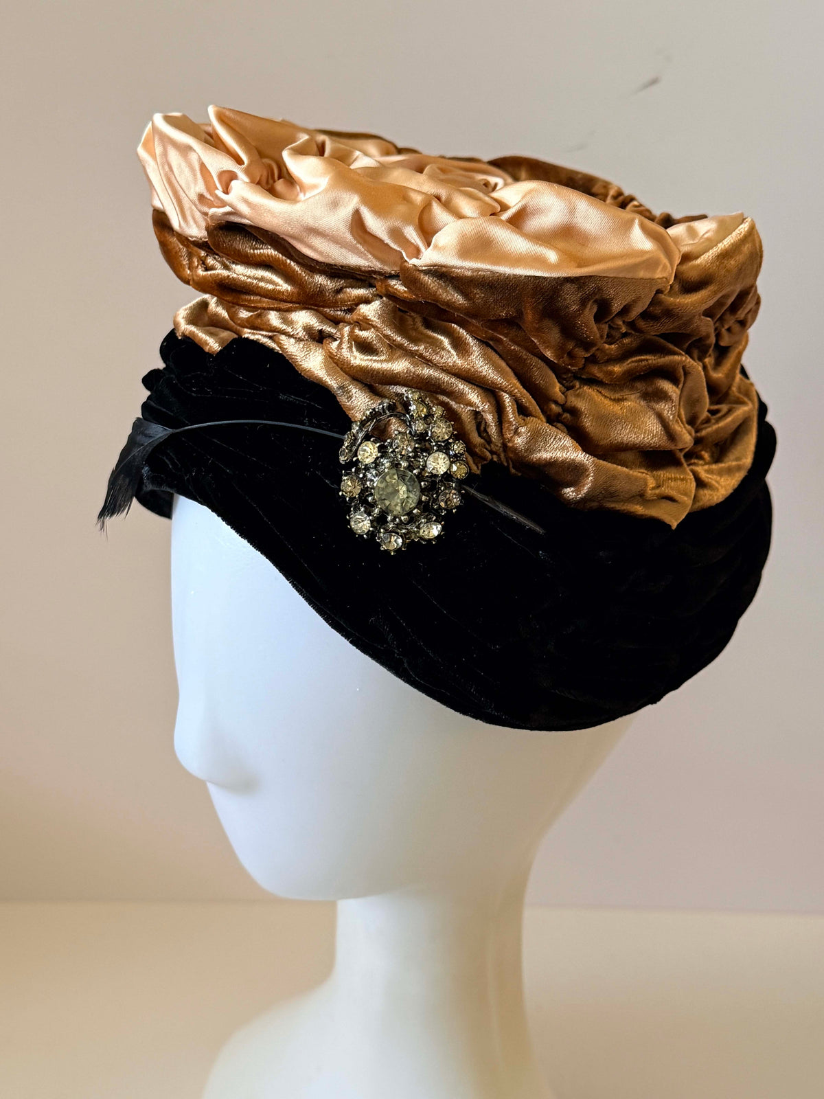 Vintage 1940s Hanna Chapeaux Pittsburgh Black Velvet Hat Champagne Satin Ruched Crown Rhinestone Brooch Feather Trim Millinery