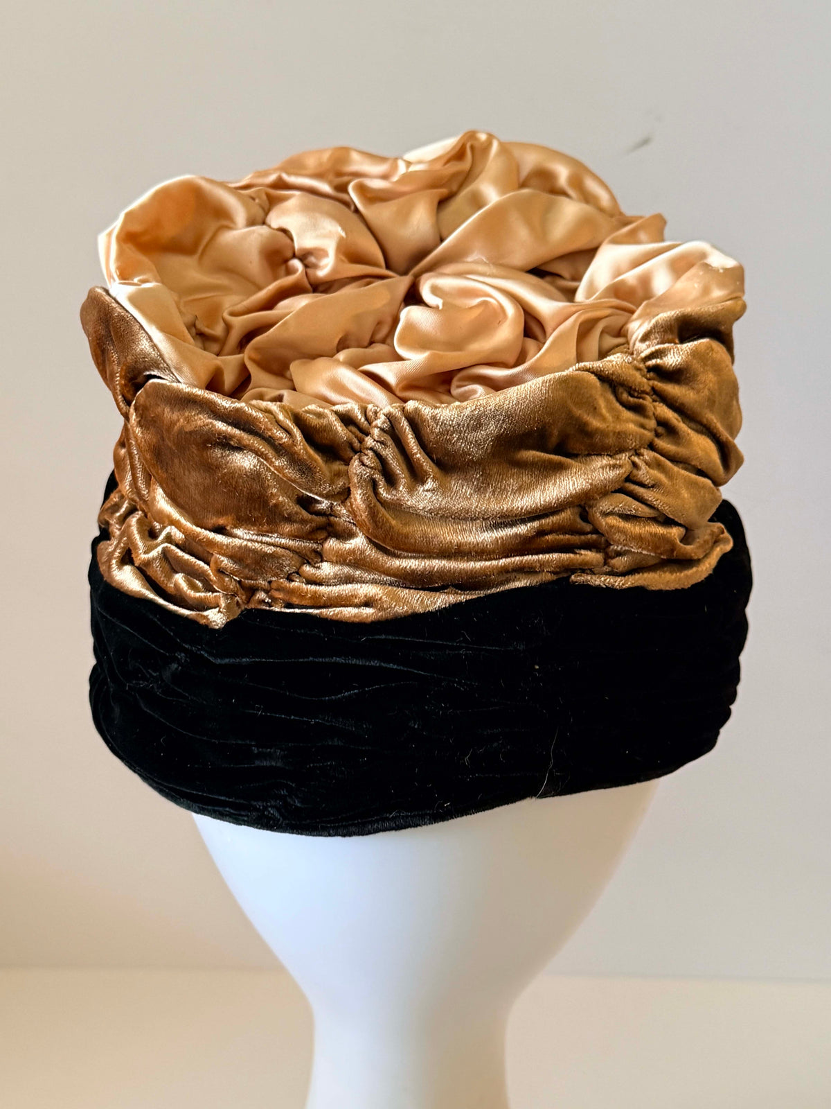 Vintage 1940s Hanna Chapeaux Pittsburgh Black Velvet Hat Champagne Satin Ruched Crown Rhinestone Brooch Feather Trim Millinery