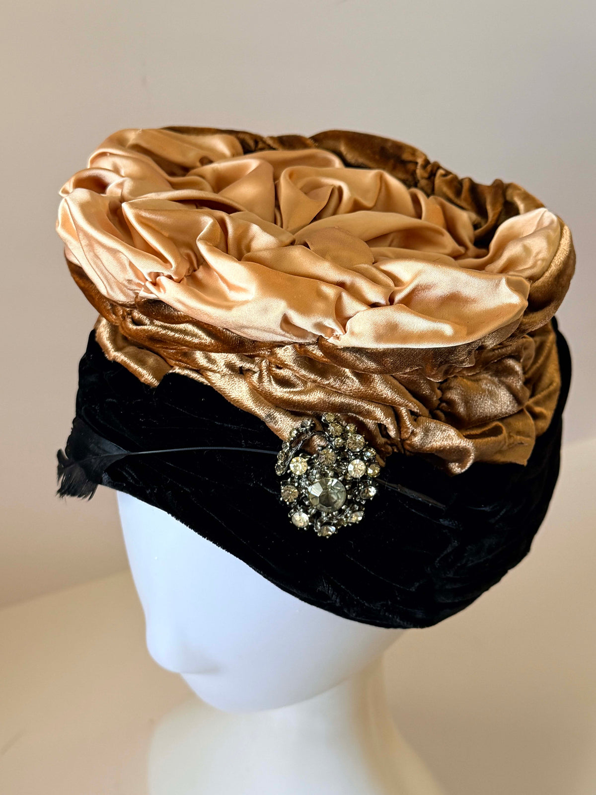 Vintage 1940s Hanna Chapeaux Pittsburgh Black Velvet Hat Champagne Satin Ruched Crown Rhinestone Brooch Feather Trim Millinery