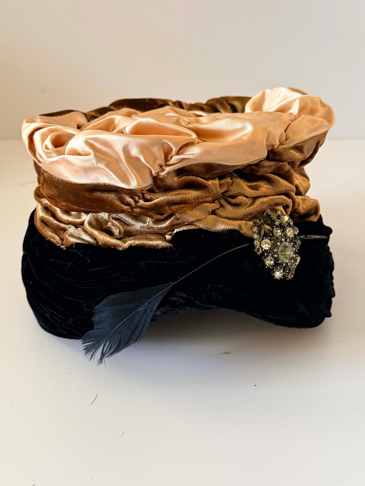 Vintage 1940s Hanna Chapeaux Pittsburgh Black Velvet Hat Champagne Satin Ruched Crown Rhinestone Brooch Feather Trim Millinery