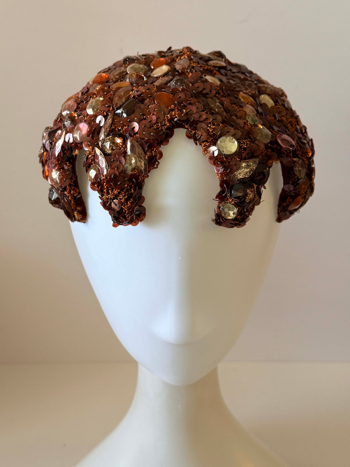 Vintage 1950s Gimbels Pittsburgh Brown Sequin Rhinestone Cocktail Hat Jeweled Crown Cap Women's Mid Century Millinery