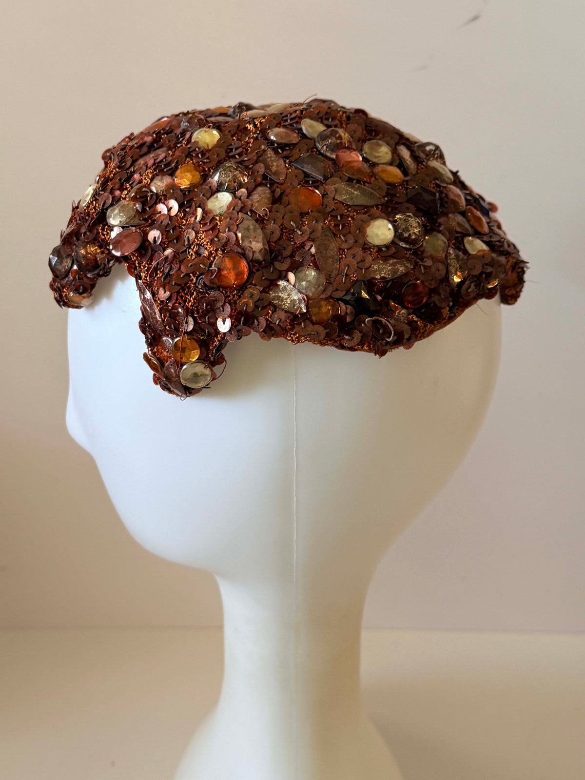 Vintage 1950s Gimbels Pittsburgh Brown Sequin Rhinestone Cocktail Hat Jeweled Crown Cap Women's Mid Century Millinery