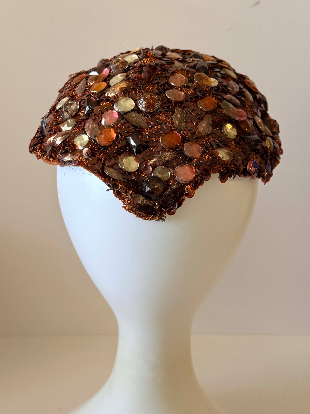 Vintage 1950s Gimbels Pittsburgh Brown Sequin Rhinestone Cocktail Hat Jeweled Crown Cap Women's Mid Century Millinery