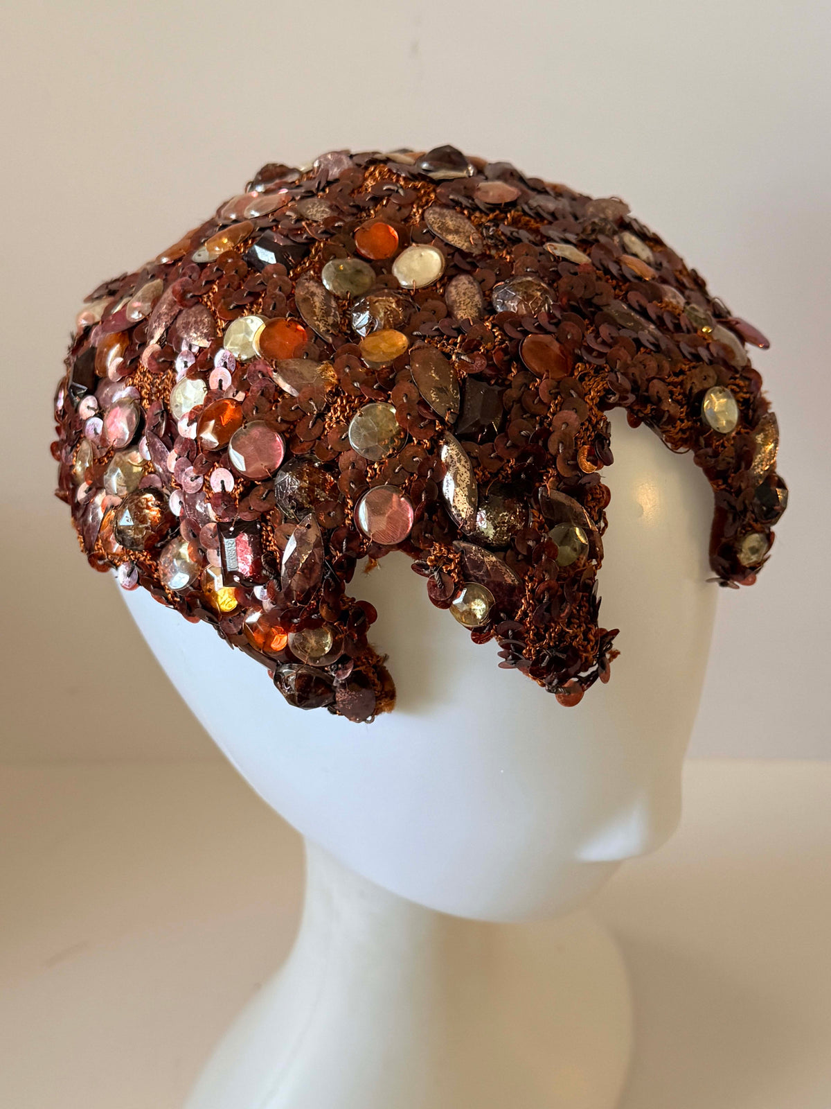 Vintage 1950s Gimbels Pittsburgh Brown Sequin Rhinestone Cocktail Hat Jeweled Crown Cap Women's Mid Century Millinery