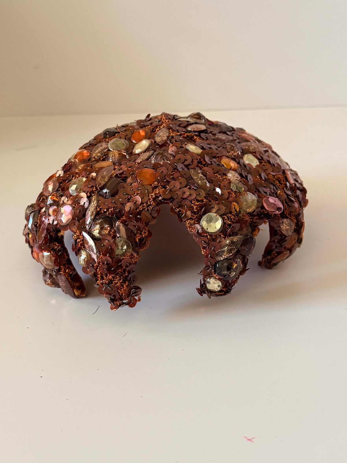 Vintage 1950s Gimbels Pittsburgh Brown Sequin Rhinestone Cocktail Hat Jeweled Crown Cap Women's Mid Century Millinery