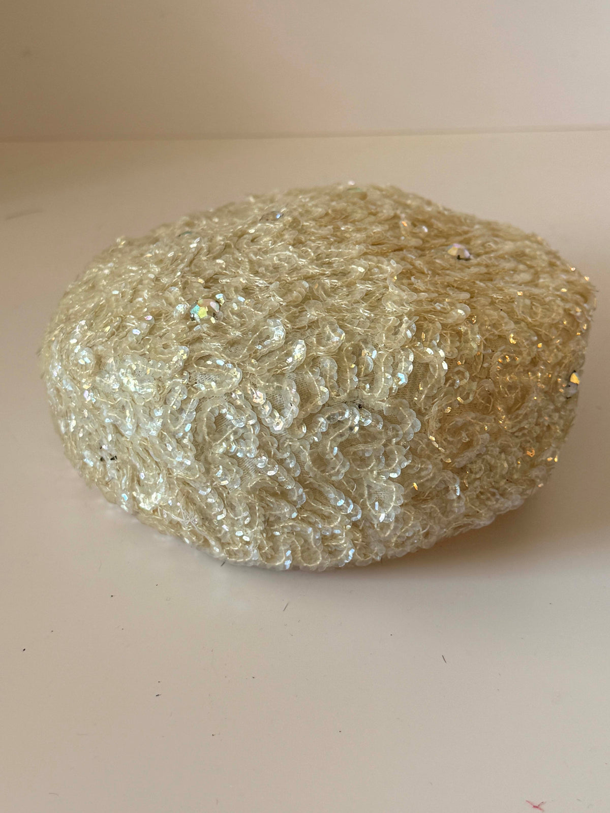Vintage 1950s Kaufmann's Pittsburgh Ivory Sequin Pillbox Hat Iridescent Rhinestone Bridal Wedding Cocktail Millinery