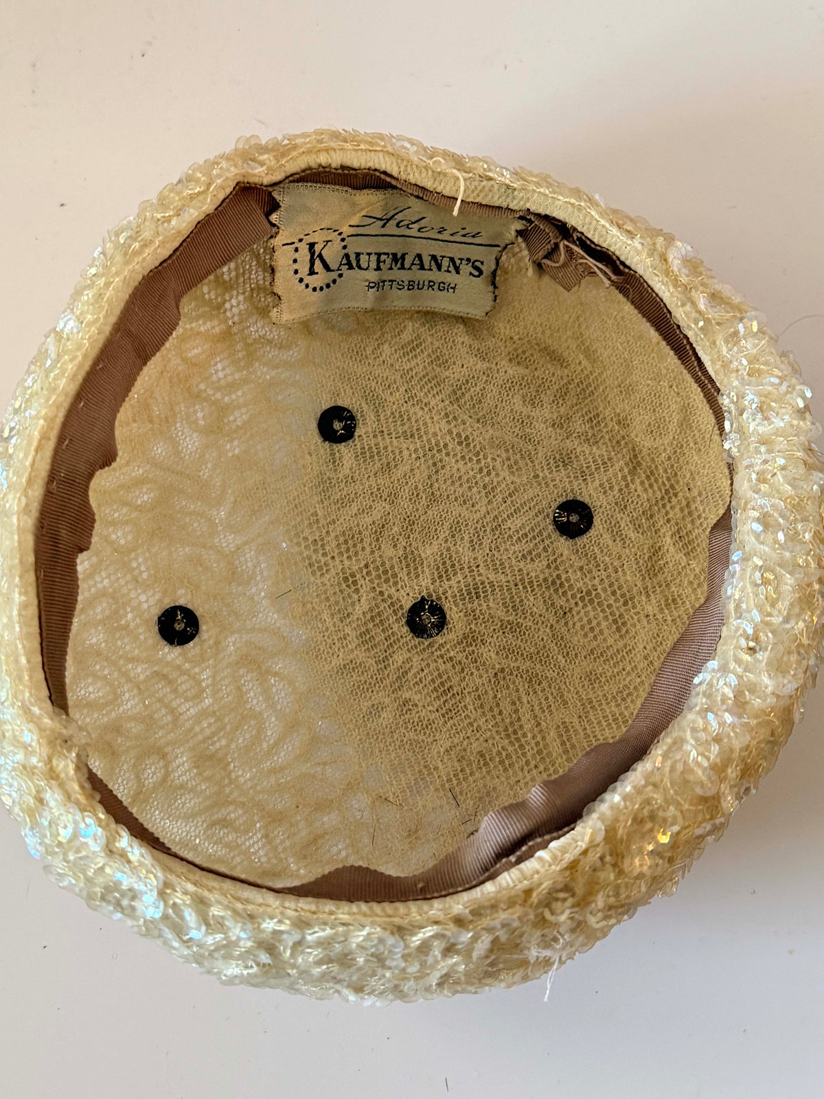 Vintage 1950s Kaufmann's Pittsburgh Ivory Sequin Pillbox Hat Iridescent Rhinestone Bridal Wedding Cocktail Millinery