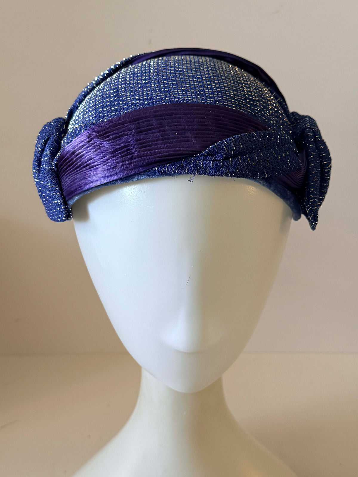 Vintage 1950s Royal Blue Purple Half Hat Metallic Woven Fabric Pleated Satin Bow Women's Mid Century Cocktail Millinery