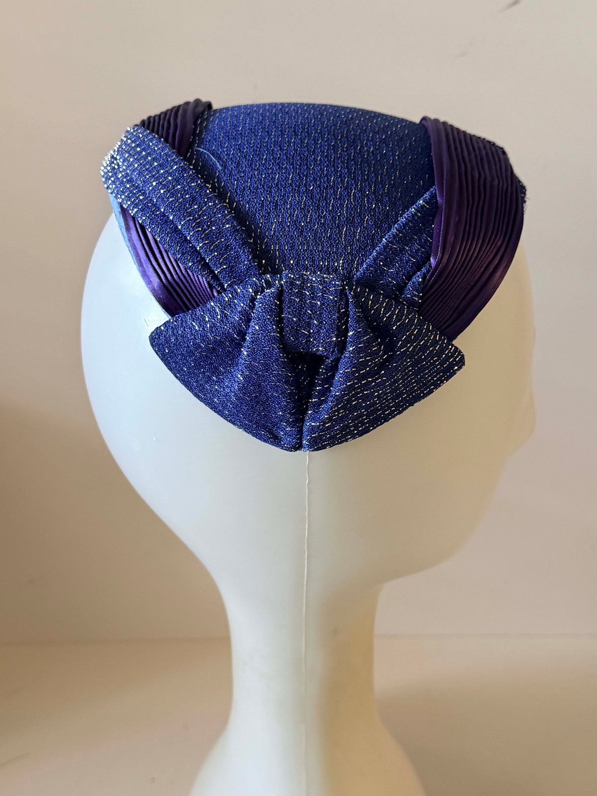 Vintage 1950s Royal Blue Purple Half Hat Metallic Woven Fabric Pleated Satin Bow Women's Mid Century Cocktail Millinery