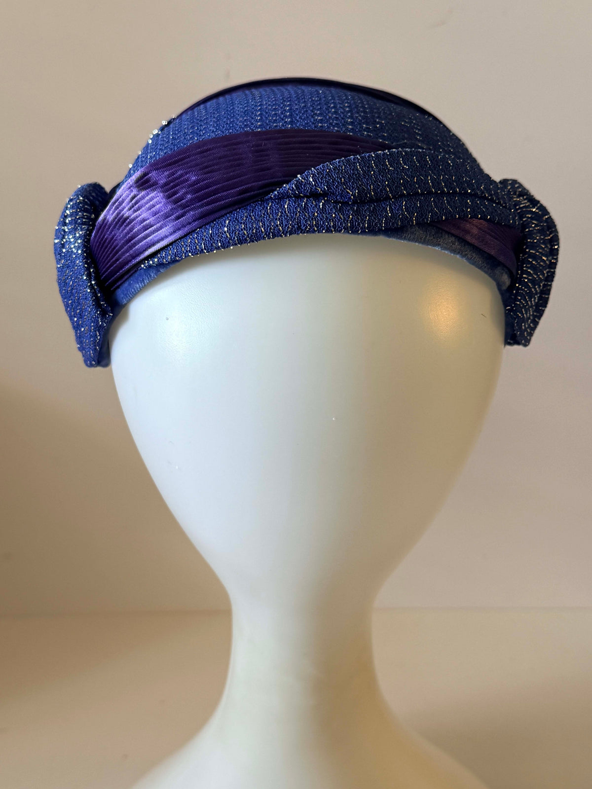 Vintage 1950s Royal Blue Purple Half Hat Metallic Woven Fabric Pleated Satin Bow Women's Mid Century Cocktail Millinery