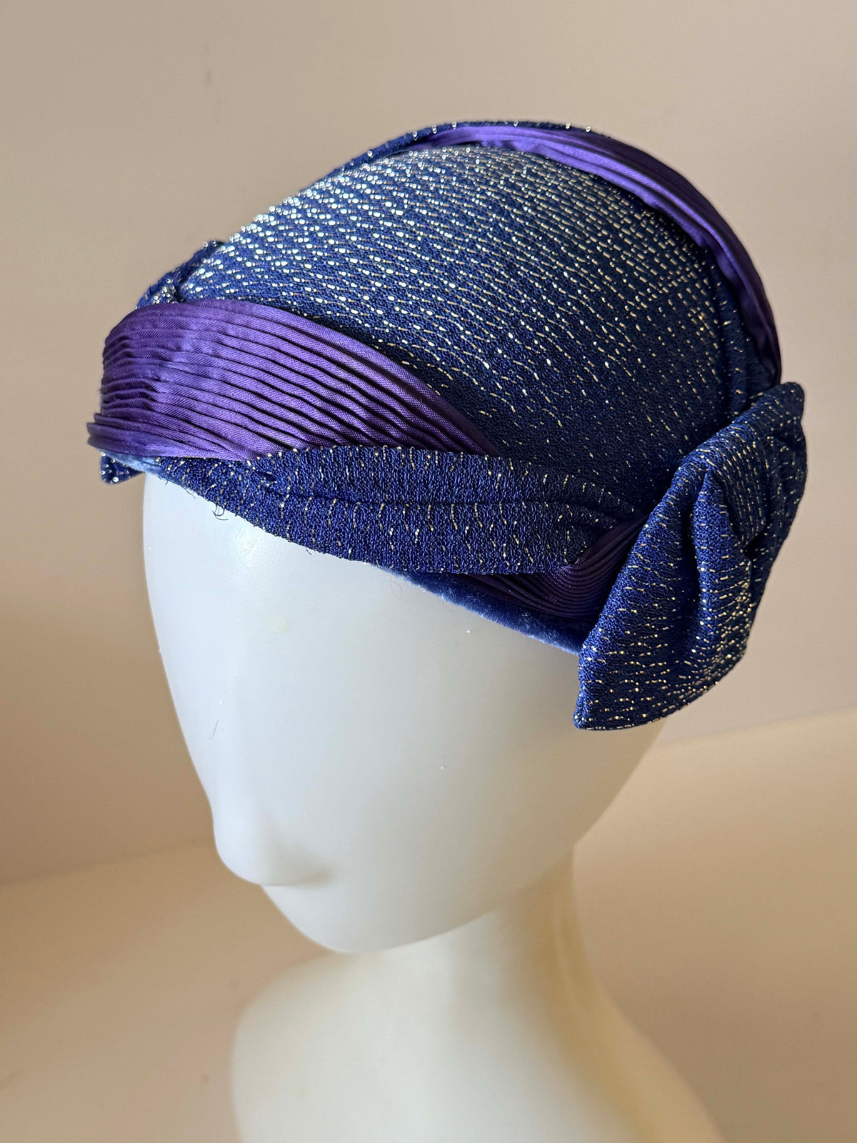 Vintage 1950s Royal Blue Purple Half Hat Metallic Woven Fabric Pleated Satin Bow Women's Mid Century Cocktail Millinery
