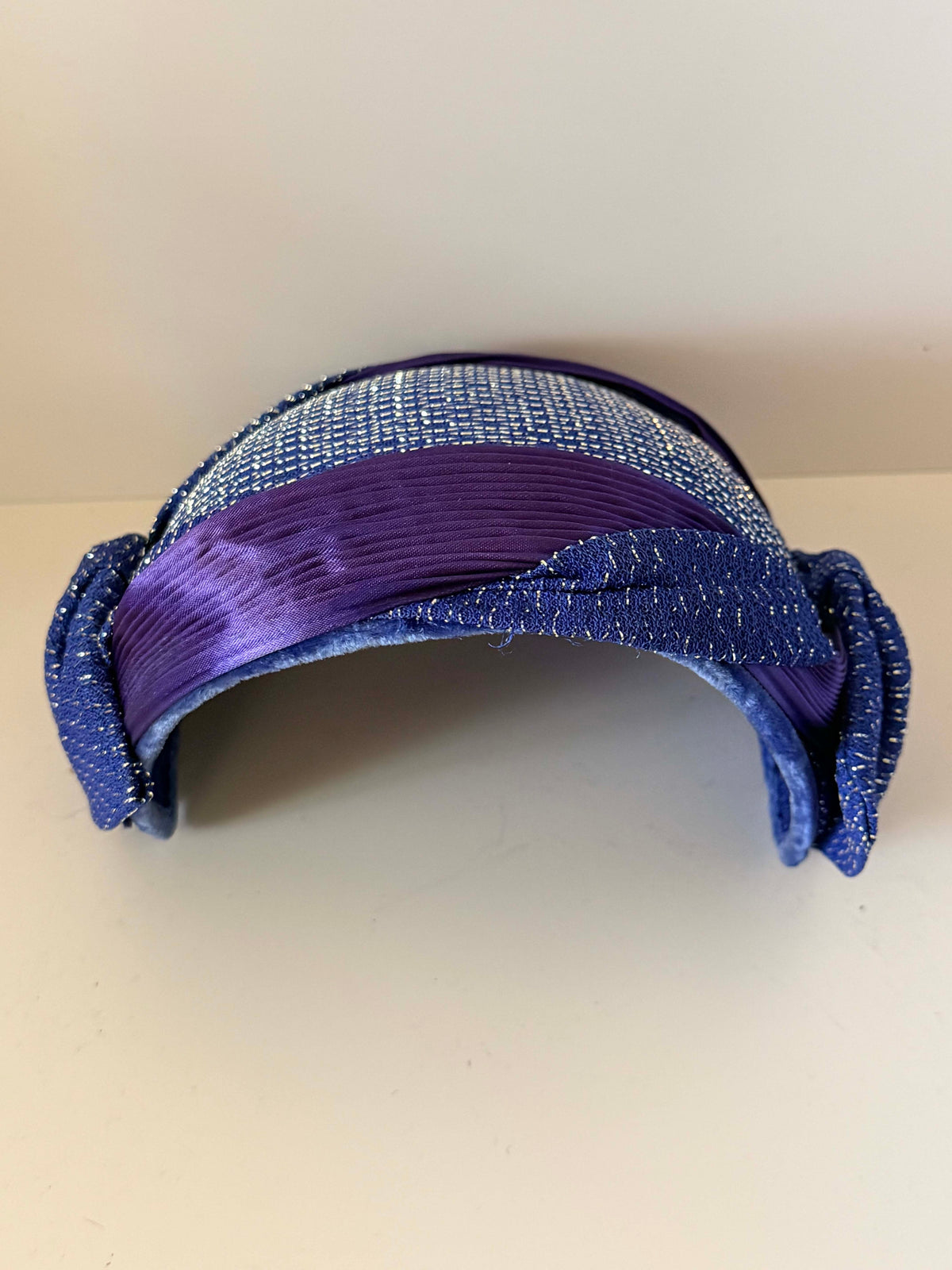 Vintage 1950s Royal Blue Purple Half Hat Metallic Woven Fabric Pleated Satin Bow Women's Mid Century Cocktail Millinery