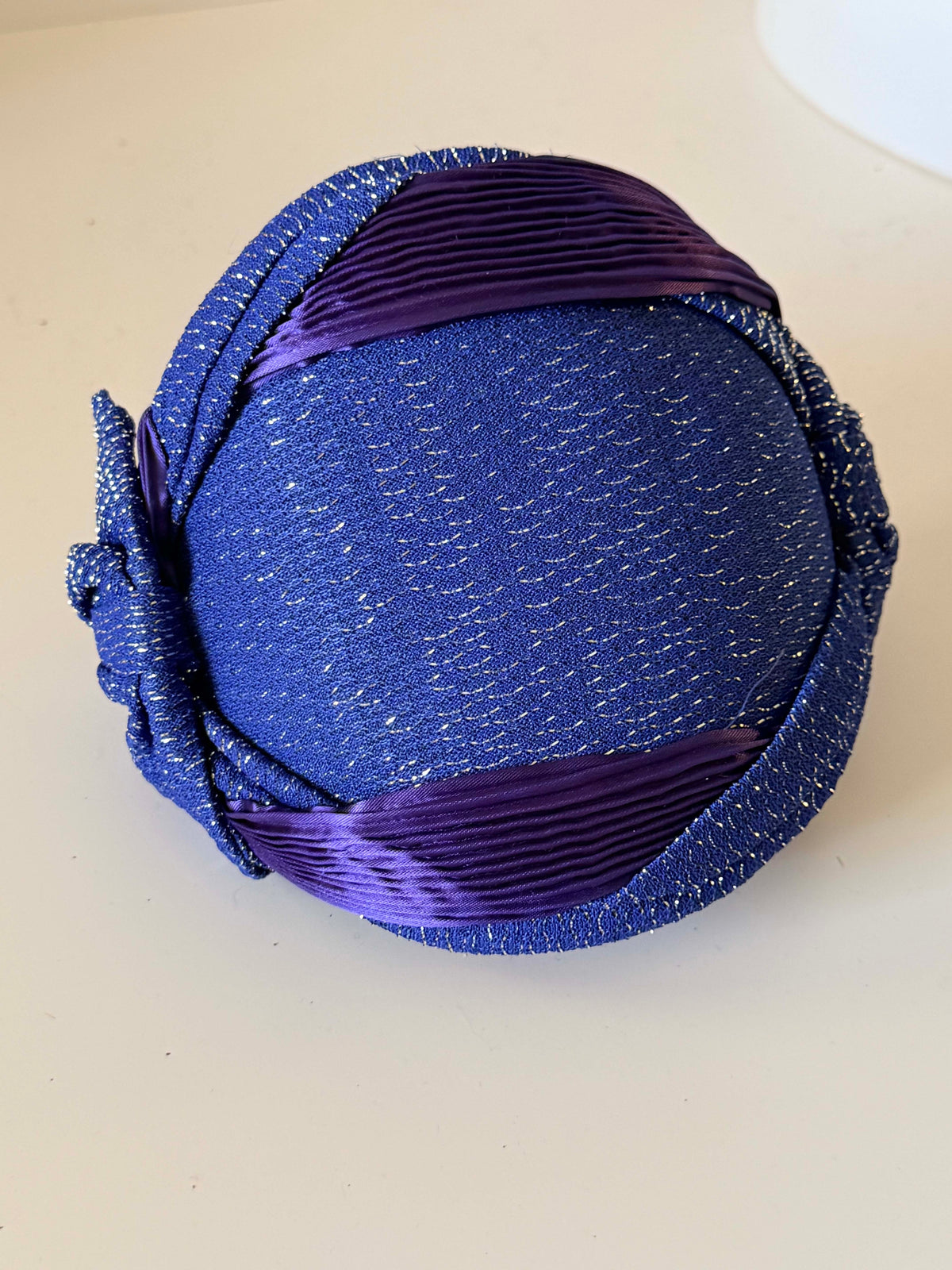 Vintage 1950s Royal Blue Purple Half Hat Metallic Woven Fabric Pleated Satin Bow Women's Mid Century Cocktail Millinery
