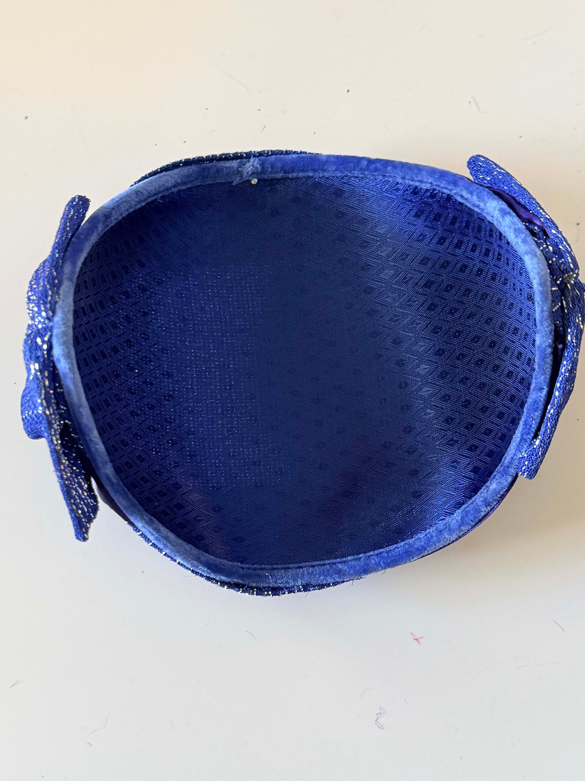 Vintage 1950s Royal Blue Purple Half Hat Metallic Woven Fabric Pleated Satin Bow Women's Mid Century Cocktail Millinery