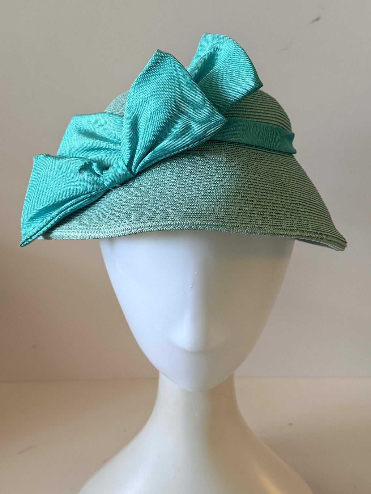 Vintage 1950s Hanna Chapeaux Aqua Blue Straw Brimmed Hat Oversized Satin Bow Pittsburgh Women's Mid Century Millinery