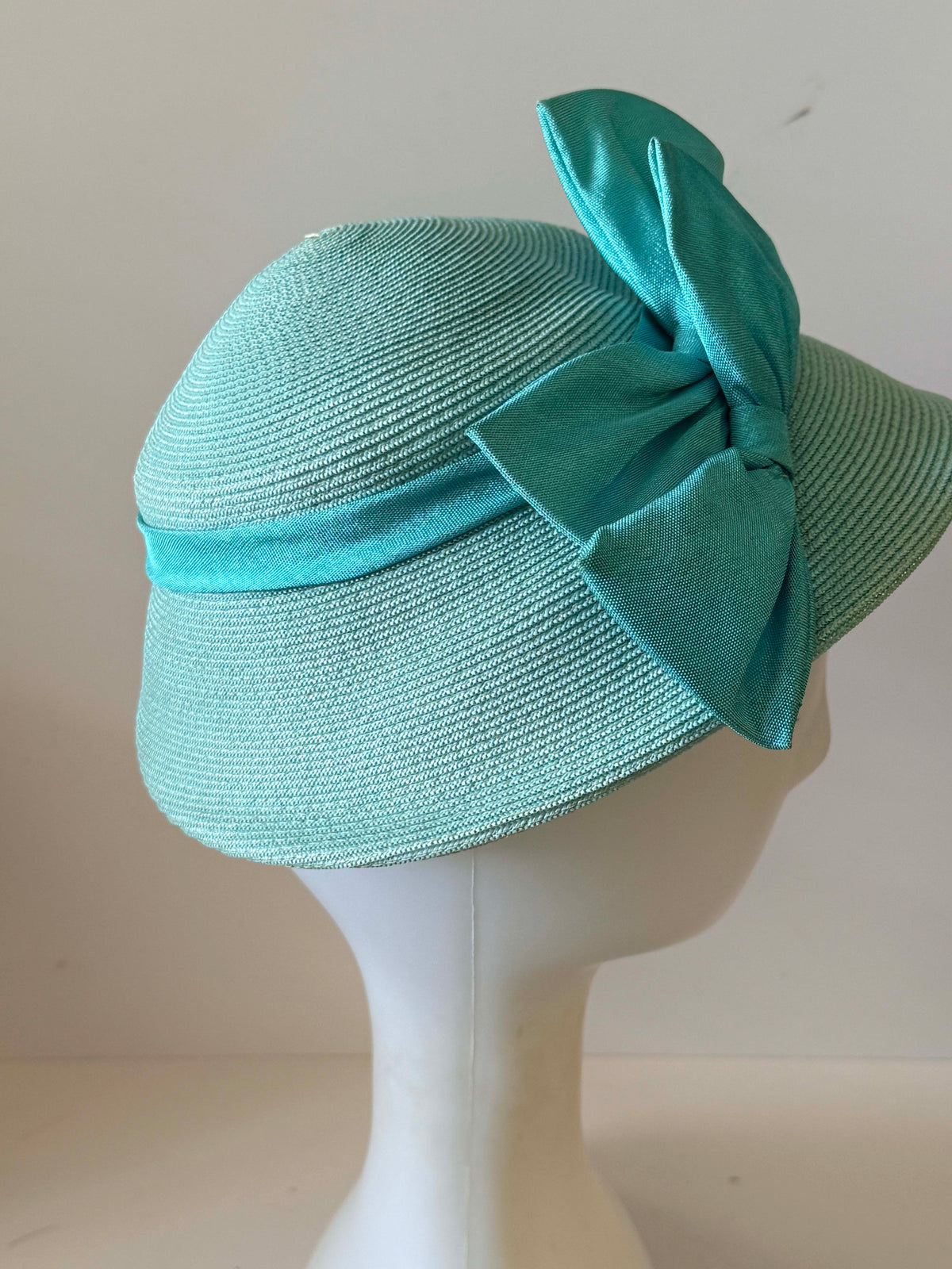 Vintage 1950s Hanna Chapeaux Aqua Blue Straw Brimmed Hat Oversized Satin Bow Pittsburgh Women's Mid Century Millinery