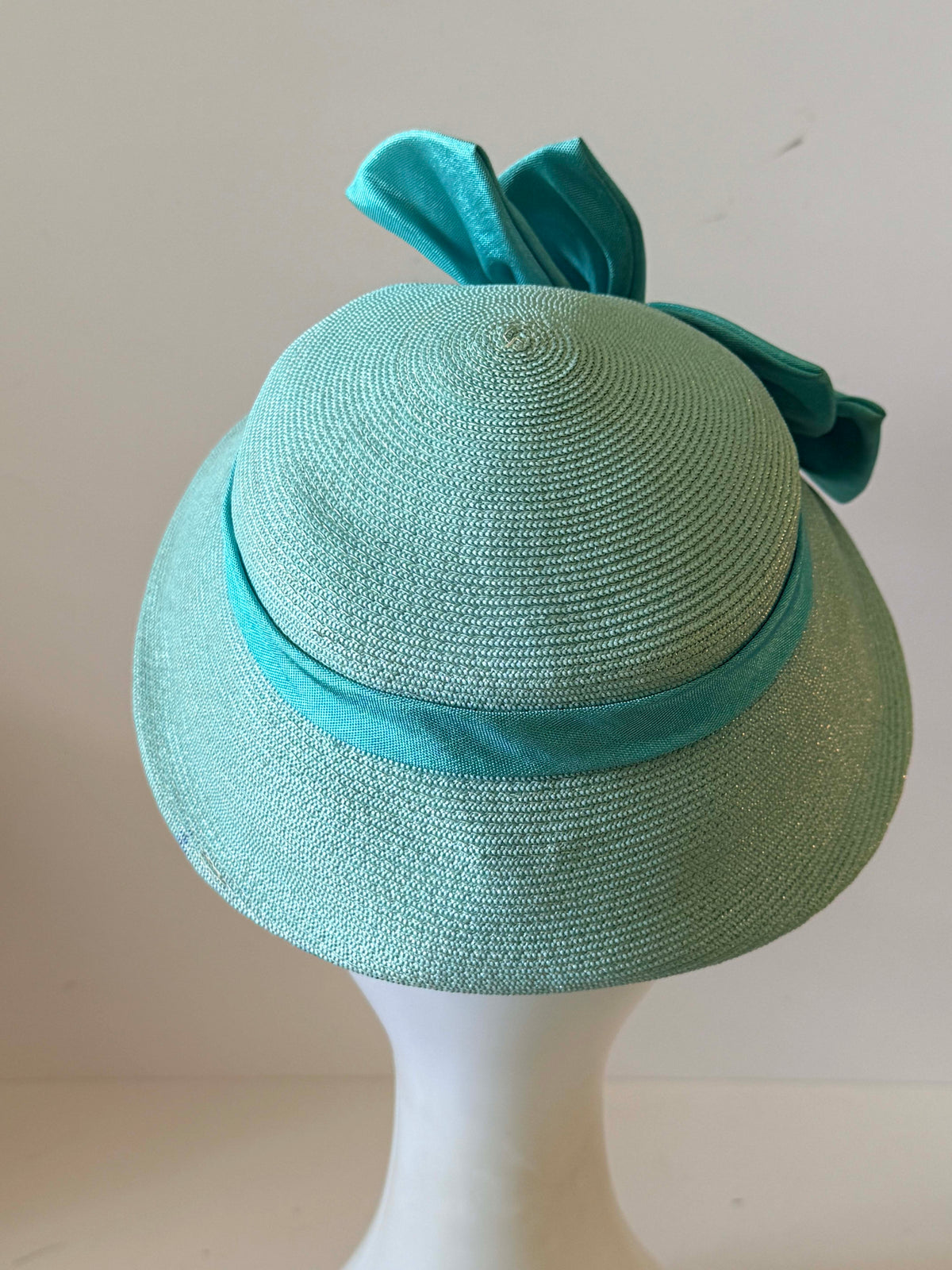 Vintage 1950s Hanna Chapeaux Aqua Blue Straw Brimmed Hat Oversized Satin Bow Pittsburgh Women's Mid Century Millinery