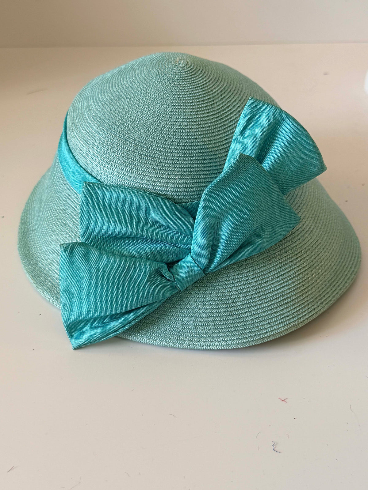 Vintage 1950s Hanna Chapeaux Aqua Blue Straw Brimmed Hat Oversized Satin Bow Pittsburgh Women's Mid Century Millinery
