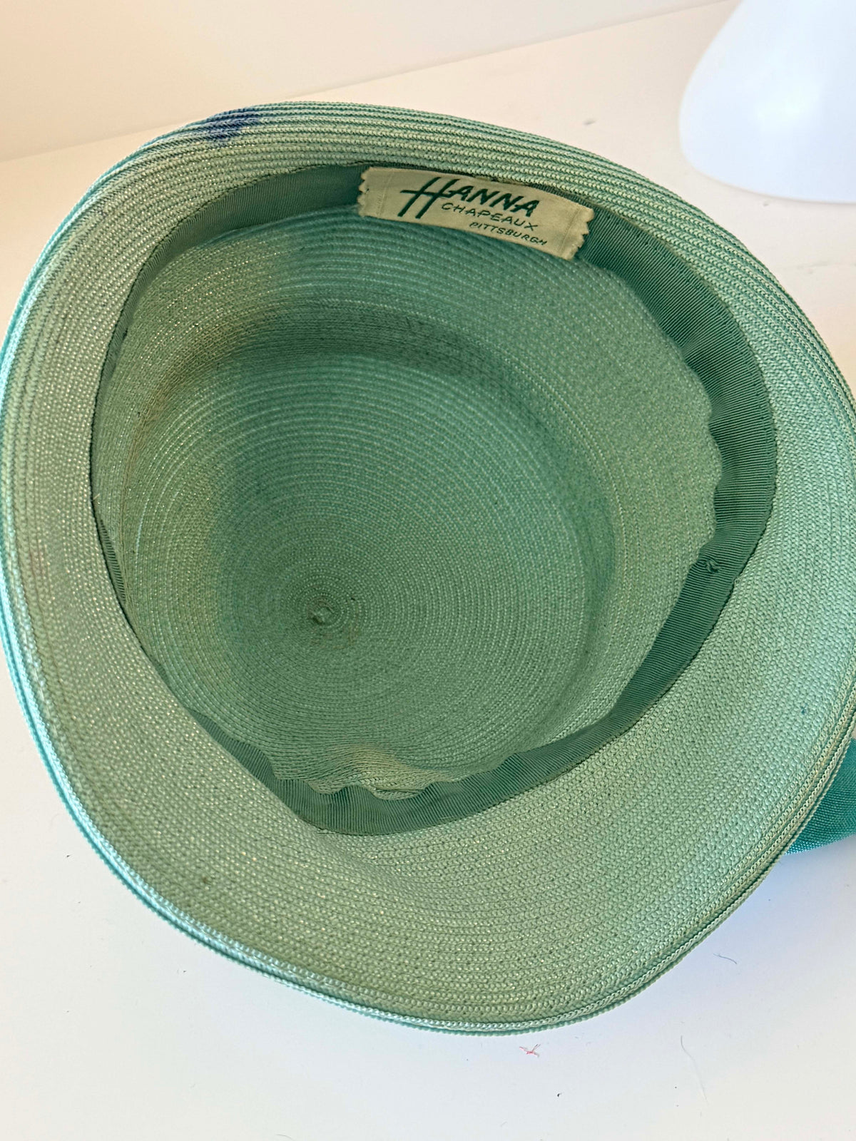 Vintage 1950s Hanna Chapeaux Aqua Blue Straw Brimmed Hat Oversized Satin Bow Pittsburgh Women's Mid Century Millinery