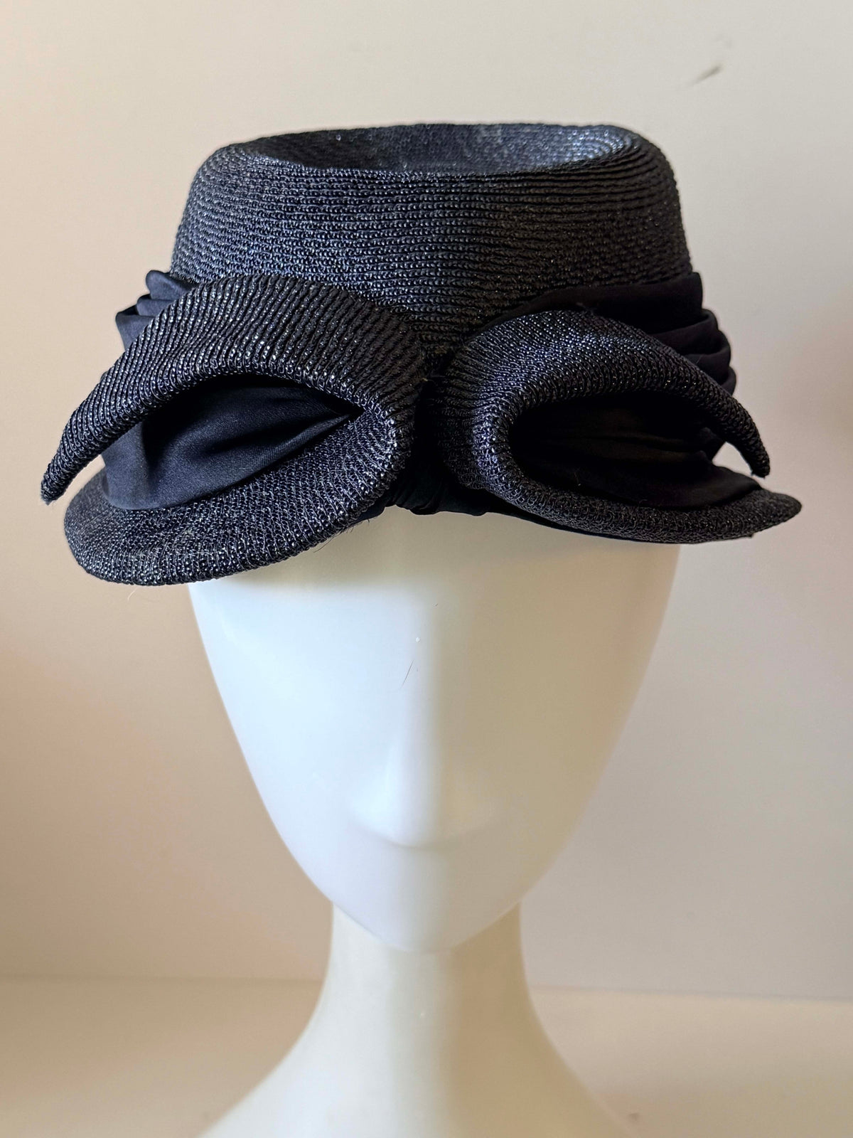 Vintage 1940s Navy Blue Woven Straw Pillbox Hat Sculptural Double Bow Pleated Satin Women's WWII Era Millinery