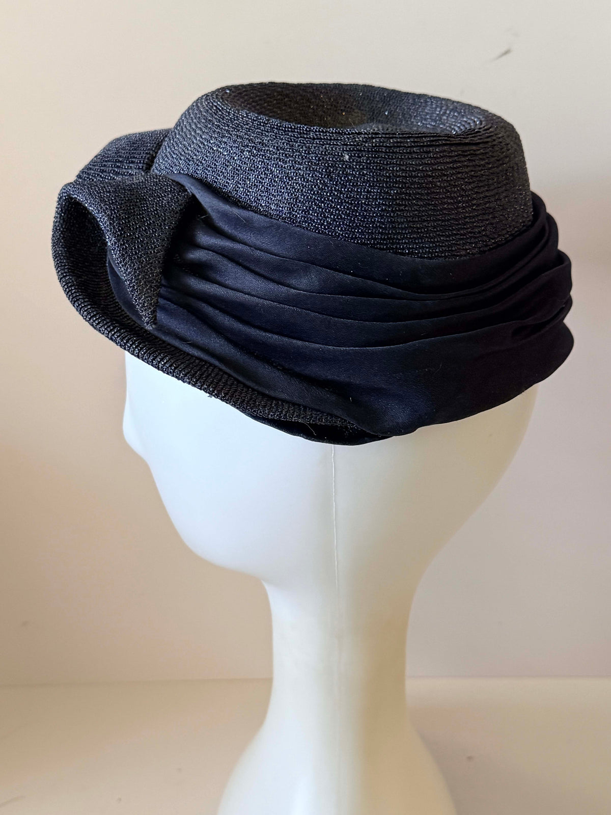 Vintage 1940s Navy Blue Woven Straw Pillbox Hat Sculptural Double Bow Pleated Satin Women's WWII Era Millinery