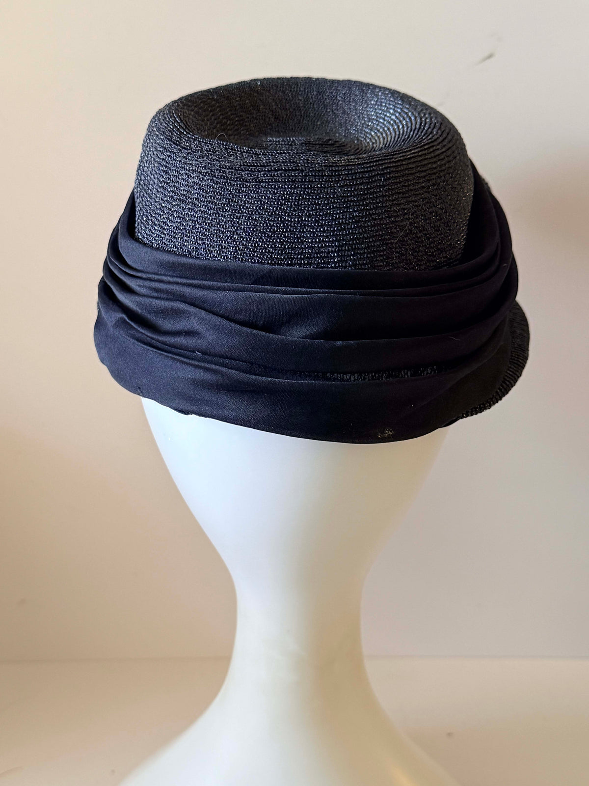 Vintage 1940s Navy Blue Woven Straw Pillbox Hat Sculptural Double Bow Pleated Satin Women's WWII Era Millinery