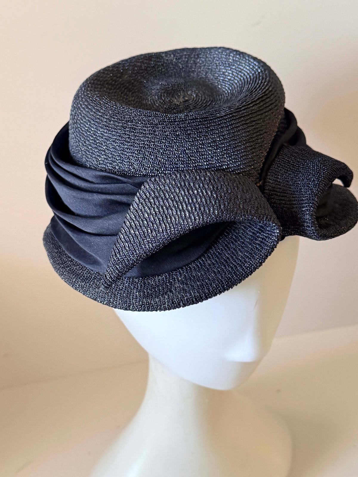 Vintage 1940s Navy Blue Woven Straw Pillbox Hat Sculptural Double Bow Pleated Satin Women's WWII Era Millinery