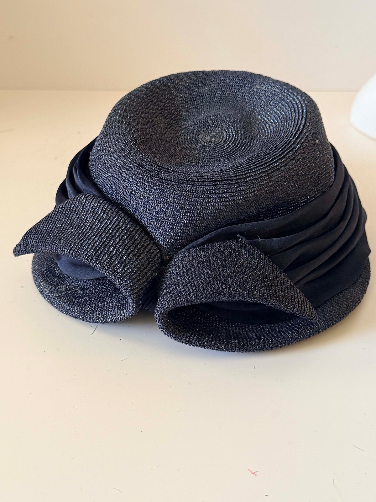 Vintage 1940s Navy Blue Woven Straw Pillbox Hat Sculptural Double Bow Pleated Satin Women's WWII Era Millinery