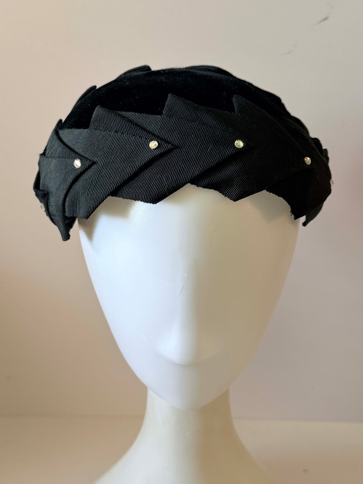 Vintage 1940s Black Velvet Half Hat Grosgrain Ribbon Rhinestone Trim Women's WWII Era Sculptural Vintage Millinery