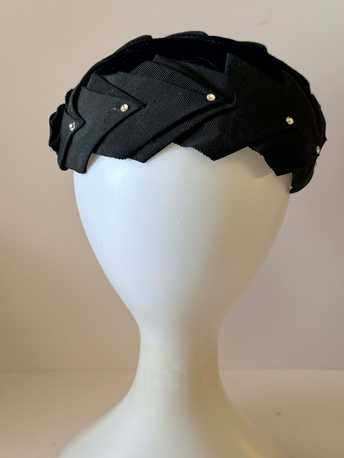 Vintage 1940s Black Velvet Half Hat Grosgrain Ribbon Rhinestone Trim Women's WWII Era Sculptural Vintage Millinery