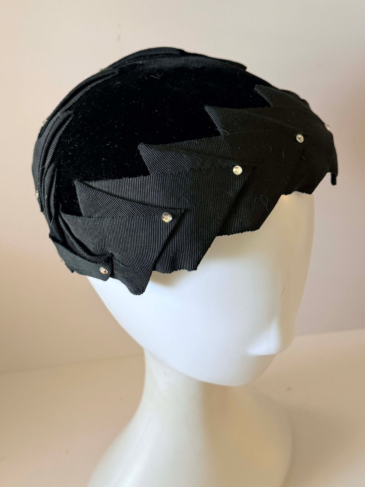 Vintage 1940s Black Velvet Half Hat Grosgrain Ribbon Rhinestone Trim Women's WWII Era Sculptural Vintage Millinery