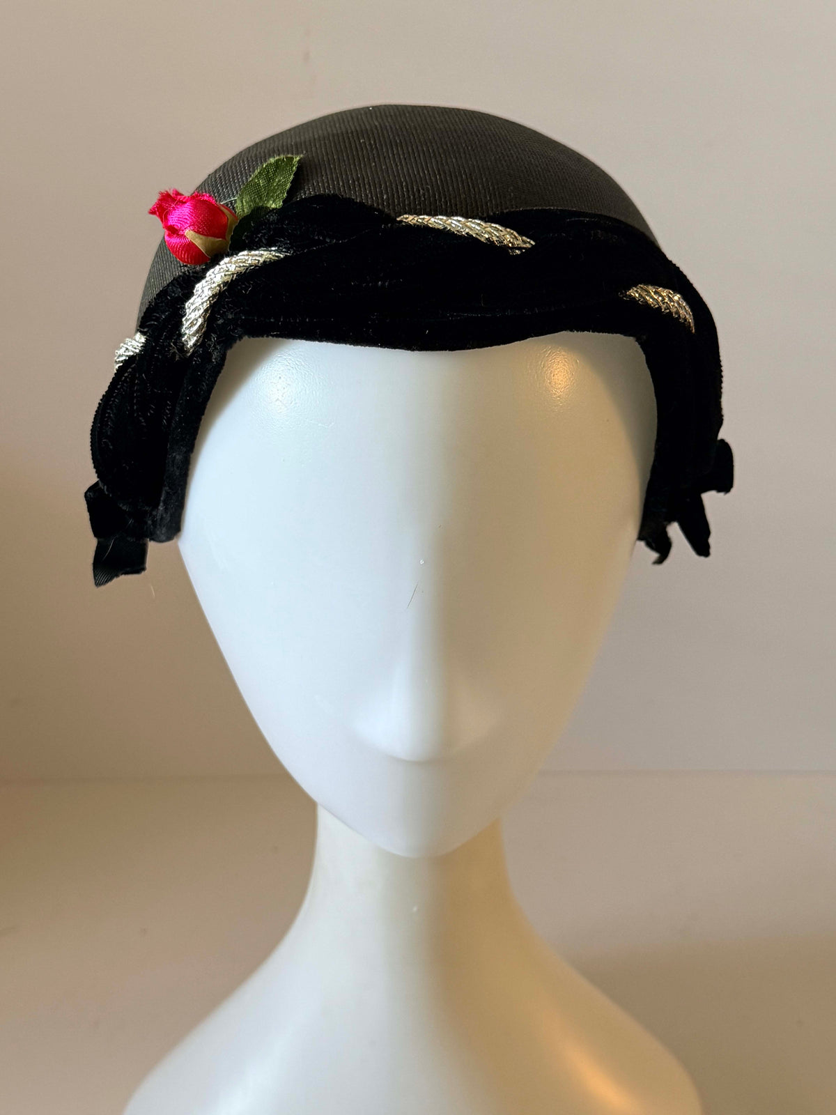Vintage 1940s Black Straw Half Hat Black Velvet Silver Braid Red Rose Trim Women's WWII Era Vintage Millinery