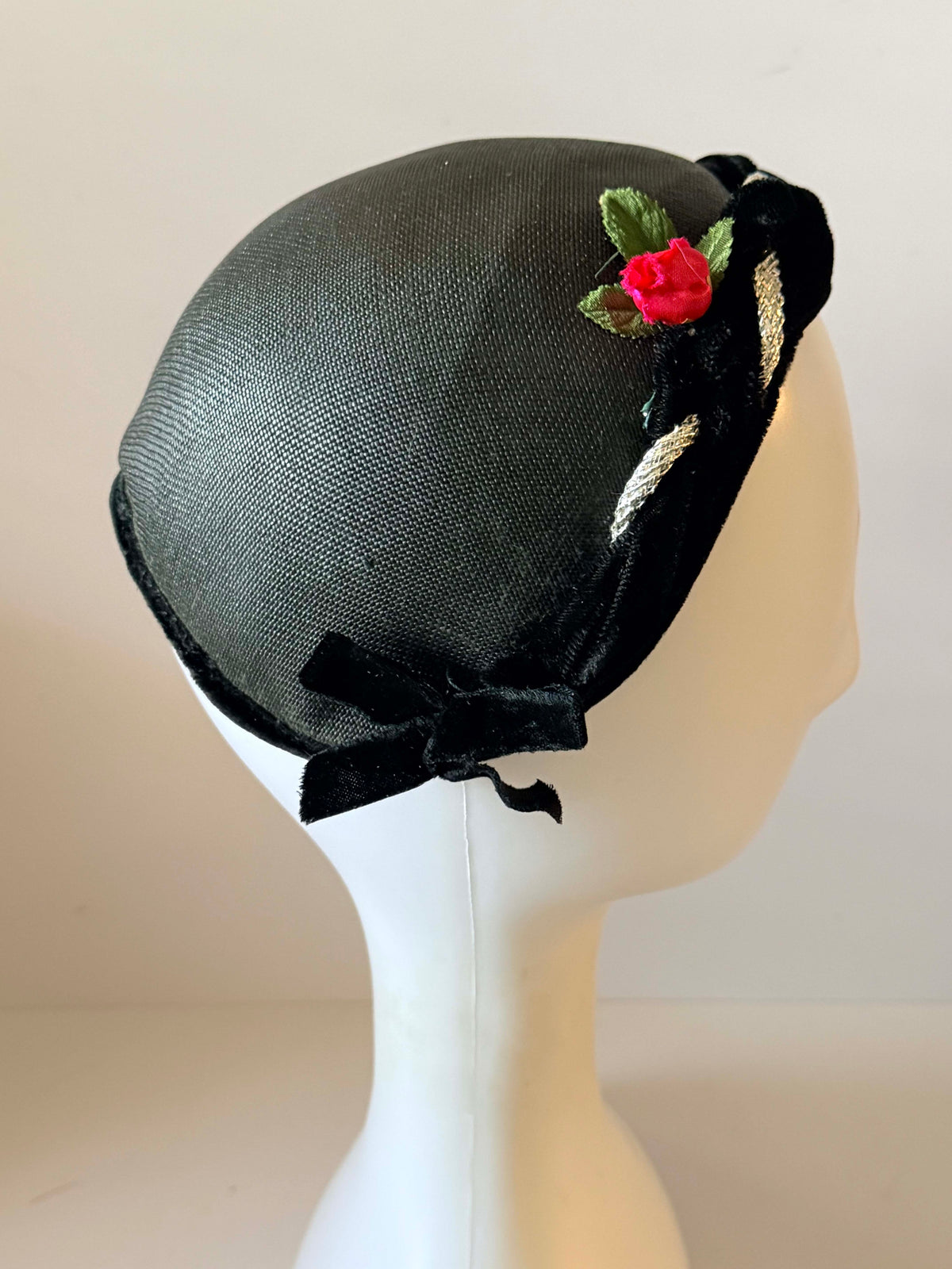 Vintage 1940s Black Straw Half Hat Black Velvet Silver Braid Red Rose Trim Women's WWII Era Vintage Millinery