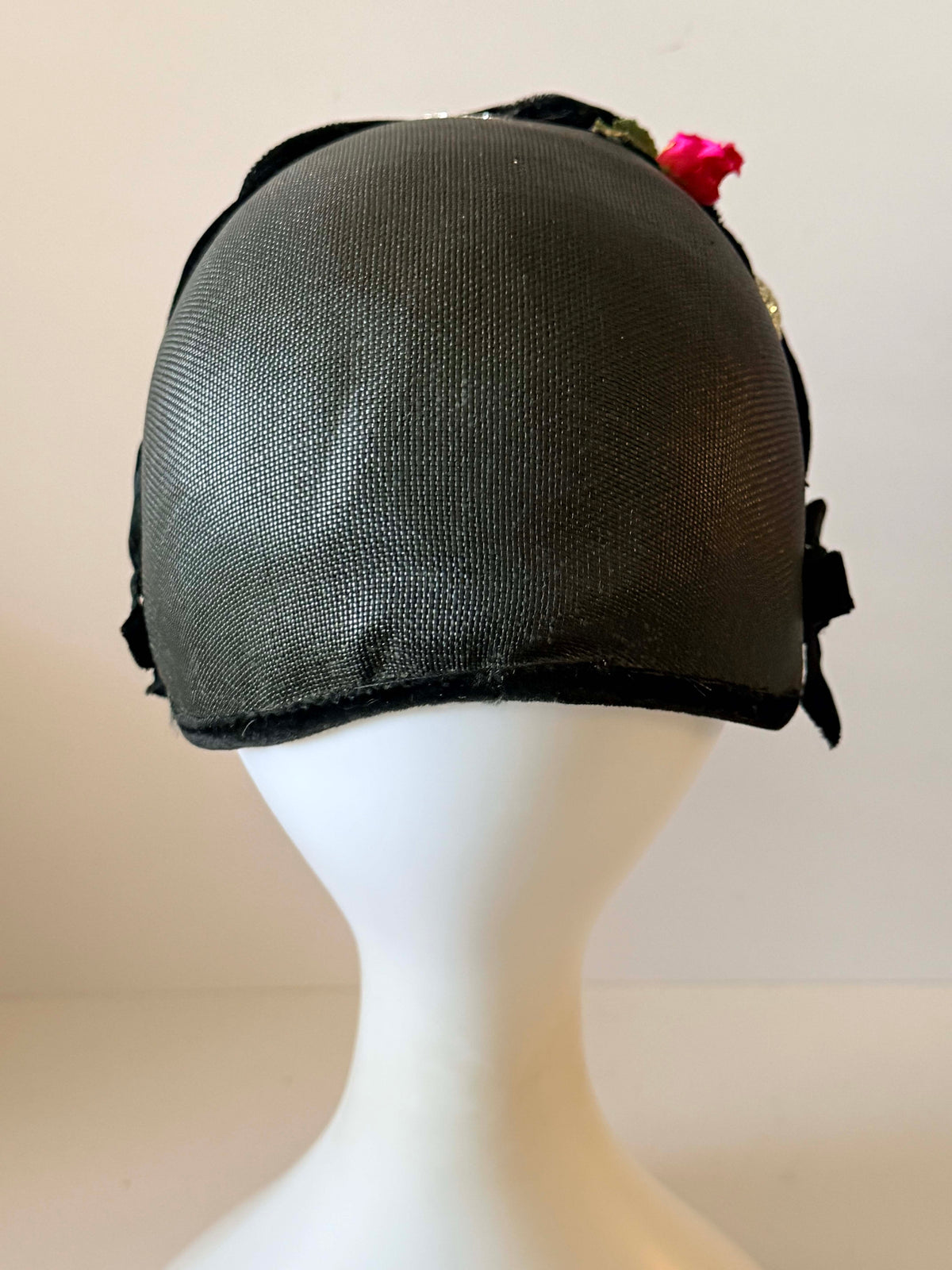 Vintage 1940s Black Straw Half Hat Black Velvet Silver Braid Red Rose Trim Women's WWII Era Vintage Millinery