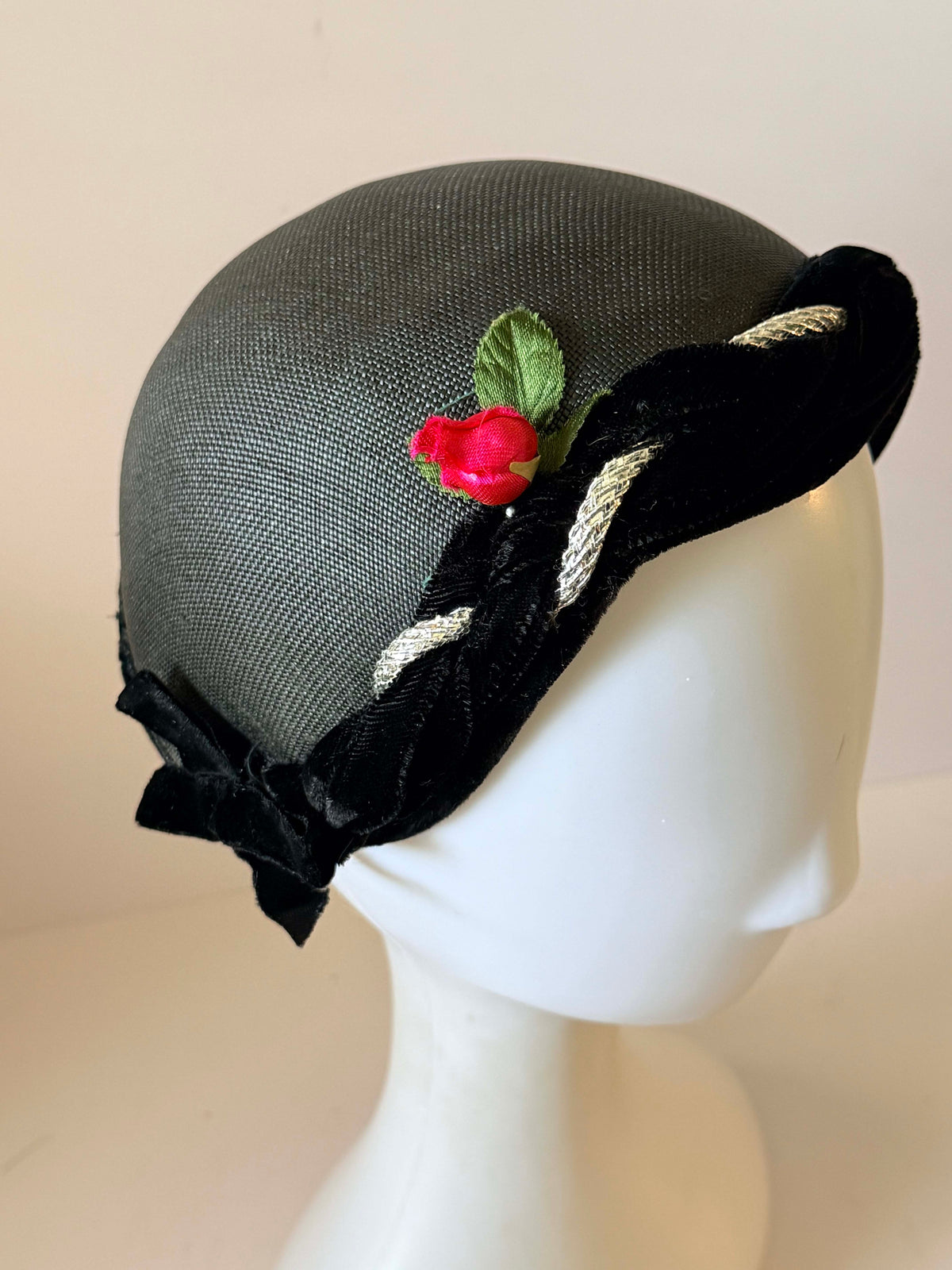 Vintage 1940s Black Straw Half Hat Black Velvet Silver Braid Red Rose Trim Women's WWII Era Vintage Millinery