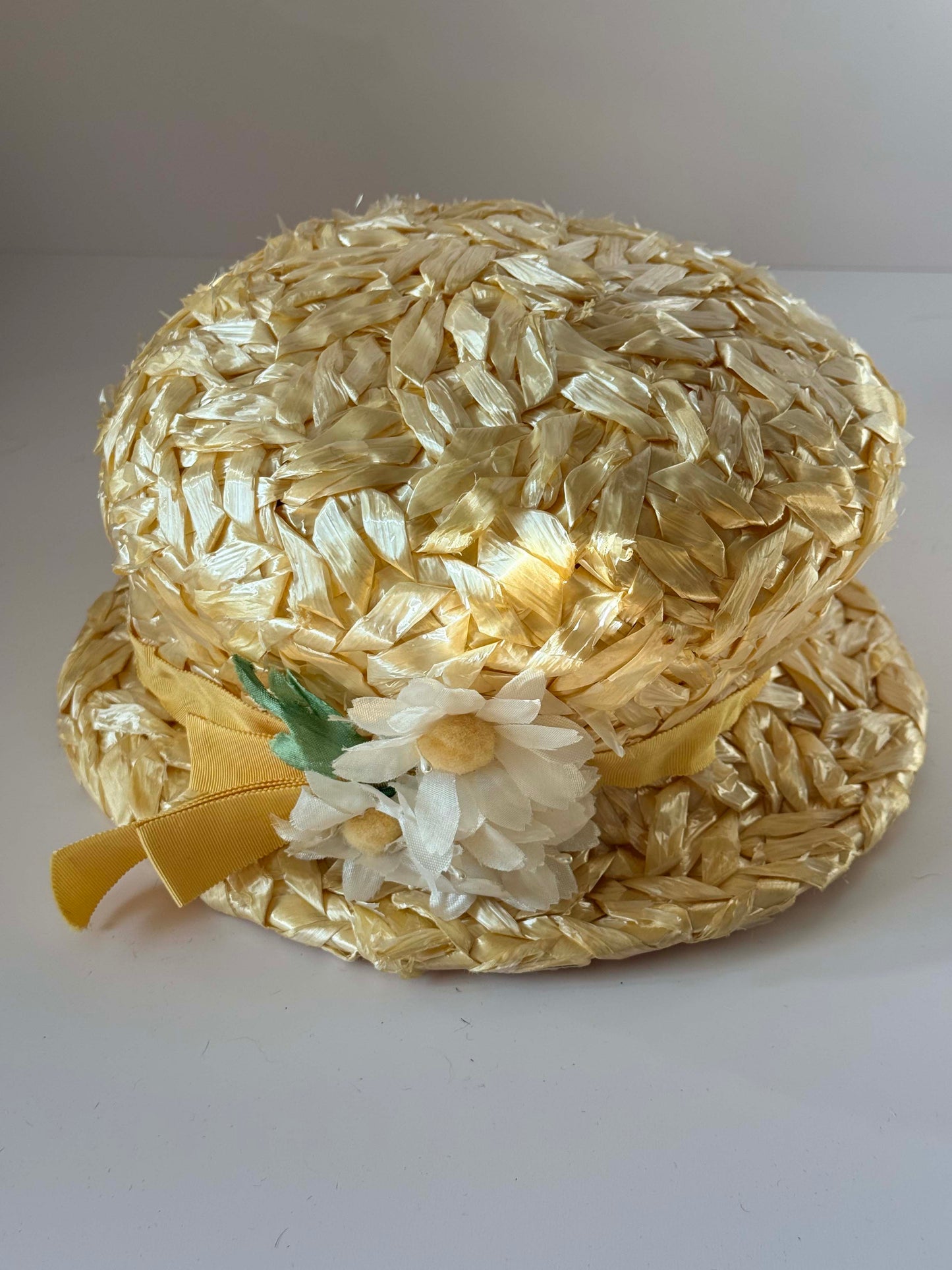 Vintage 1950s Raffia Straw Hat – Royce Exclusive Yellow Ribbon Daisy Trim Summer Boater Garden Party Hat