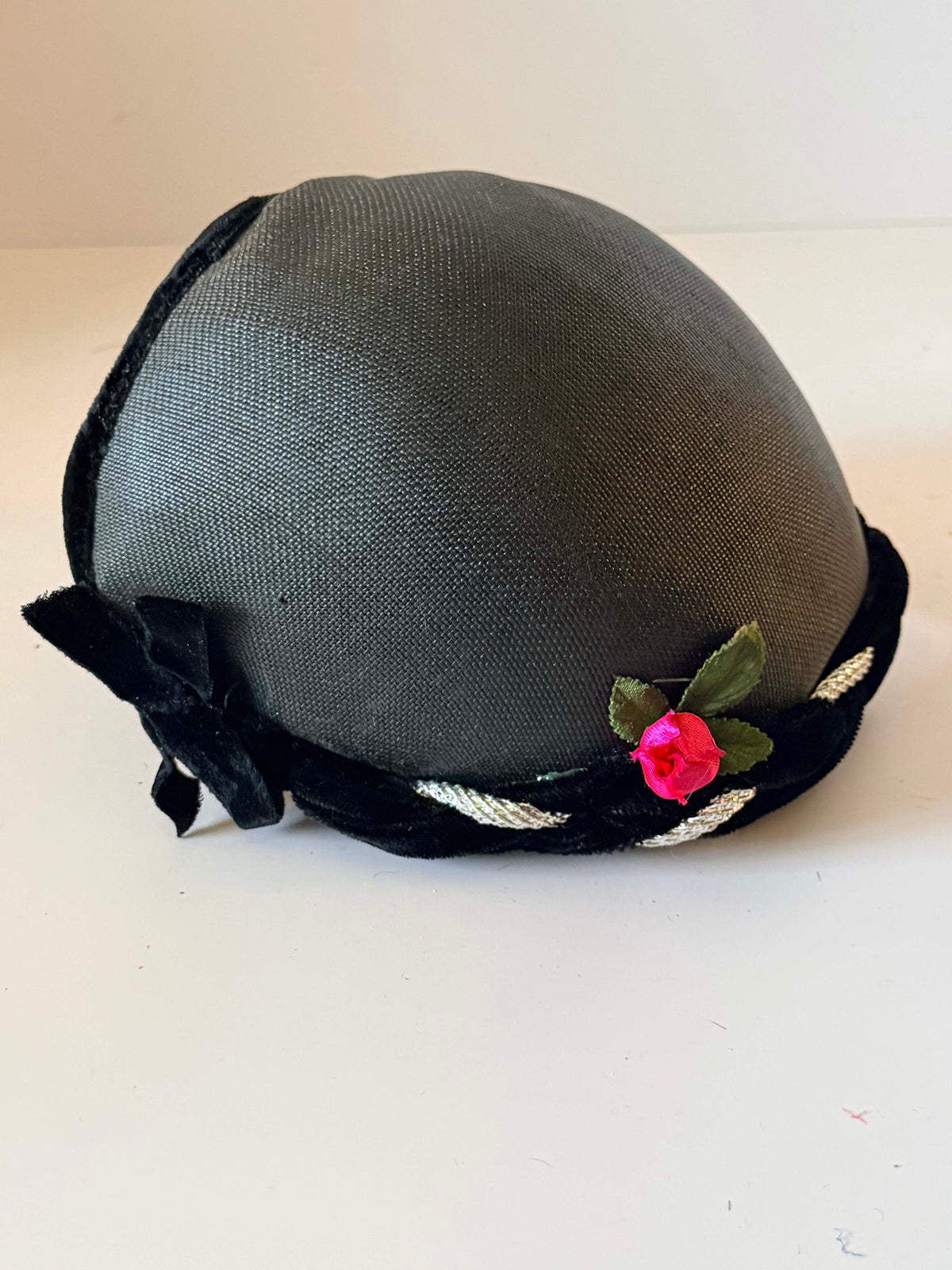 Vintage 1940s Black Straw Half Hat Black Velvet Silver Braid Red Rose Trim Women's WWII Era Vintage Millinery