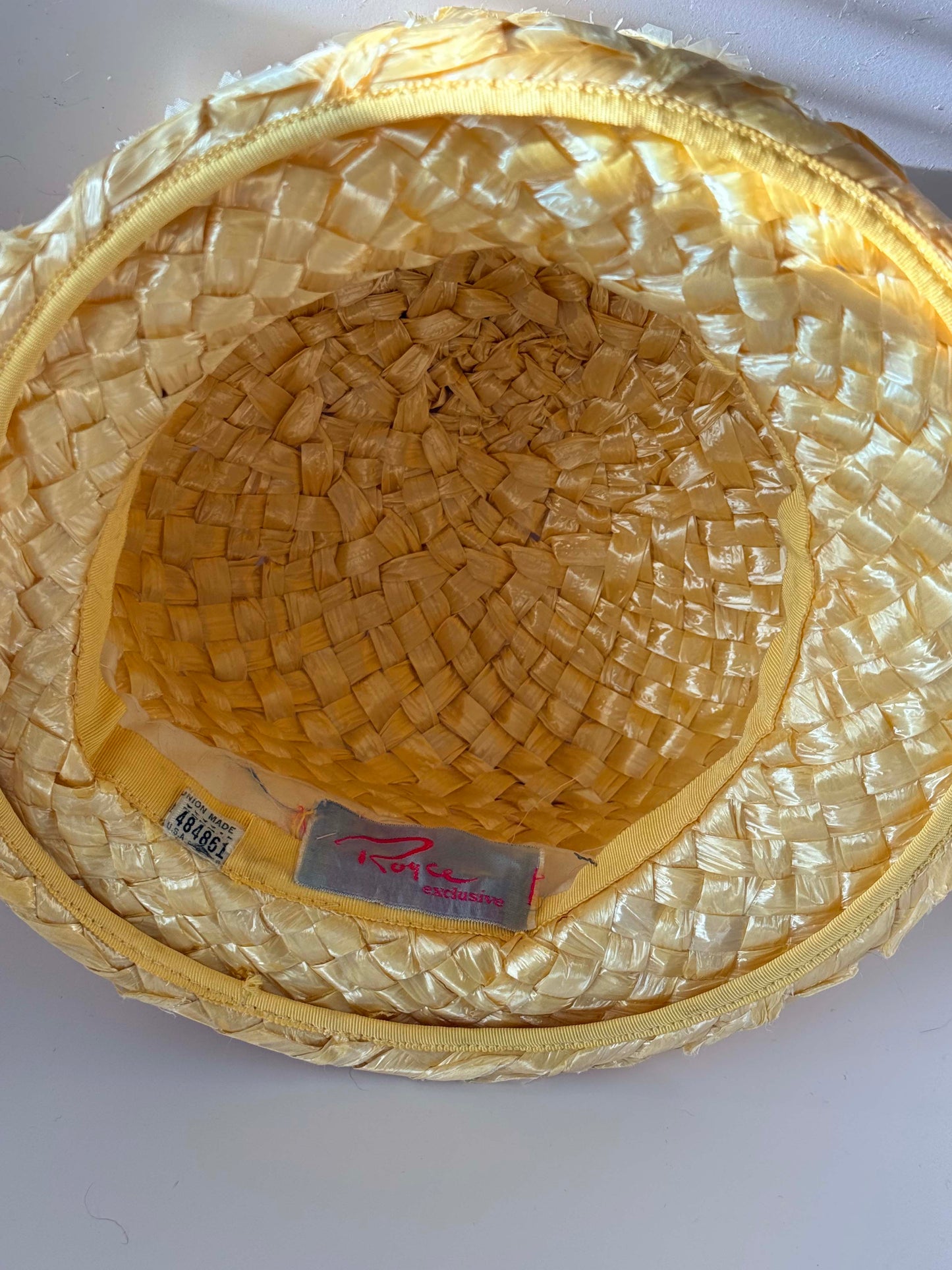 Vintage 1950s Raffia Straw Hat – Royce Exclusive Yellow Ribbon Daisy Trim Summer Boater Garden Party Hat