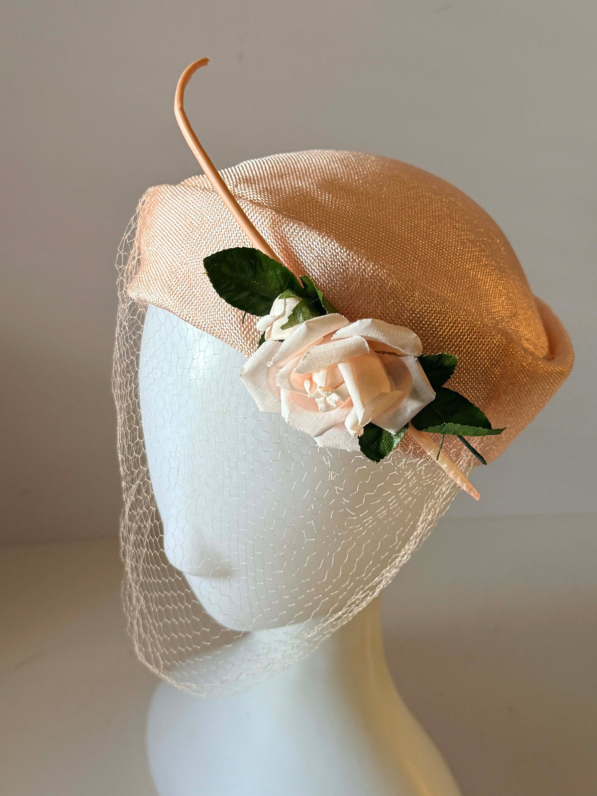 Vintage 1950s Blush Pink Half Hat White Rose Veil Green Leaves Women's Bridal Wedding Cocktail Mid Century Millinery