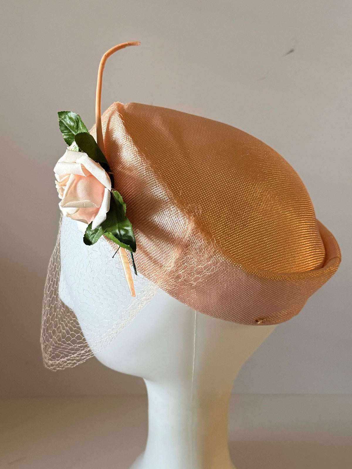Vintage 1950s Blush Pink Half Hat White Rose Veil Green Leaves Women's Bridal Wedding Cocktail Mid Century Millinery