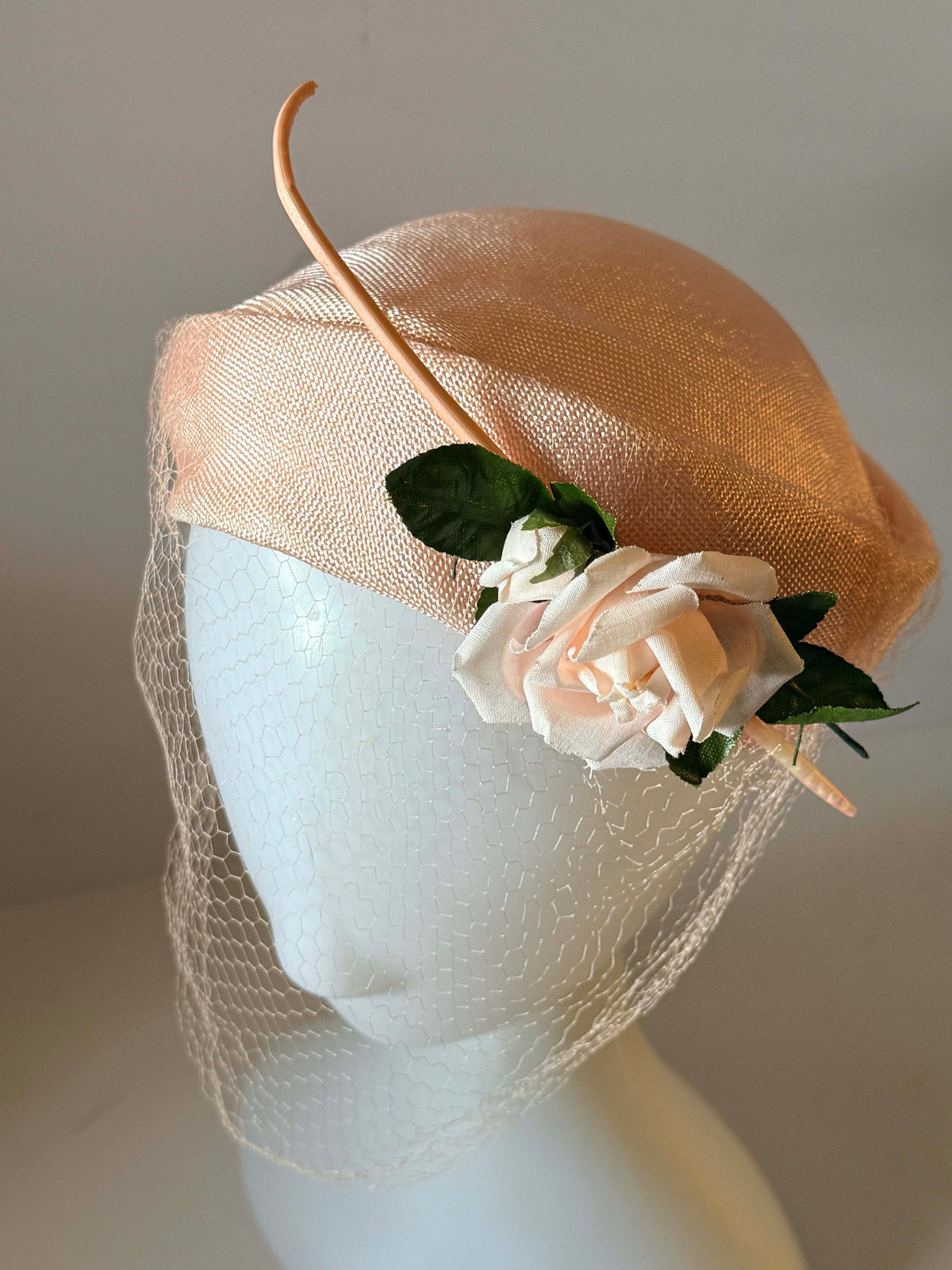 Vintage 1950s Blush Pink Half Hat White Rose Veil Green Leaves Women's Bridal Wedding Cocktail Mid Century Millinery