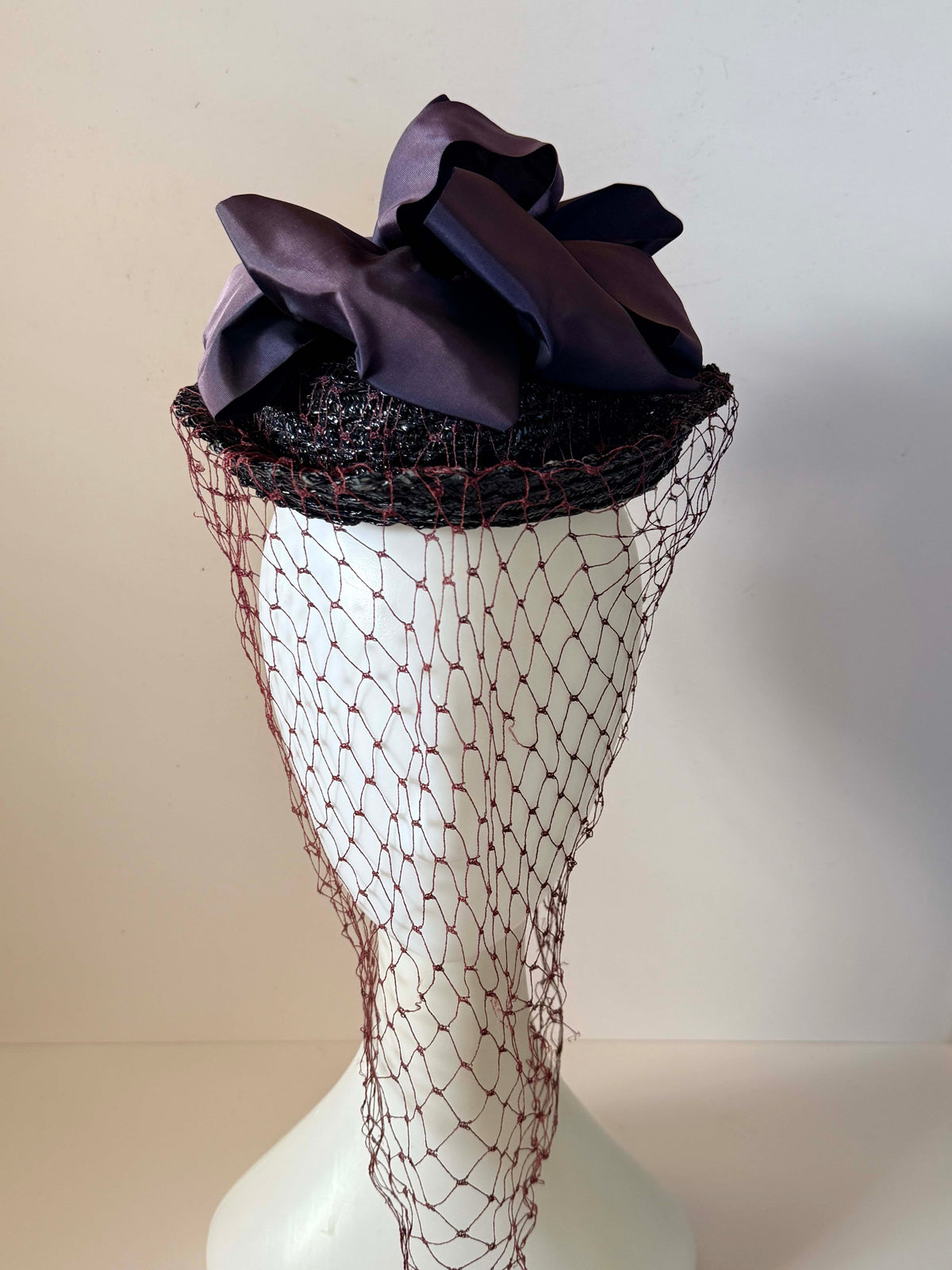 Vintage 1940s Black Straw Cocktail Hat Burgundy Face Veil Satin Bow Women's WWII Era Mid Century Millinery