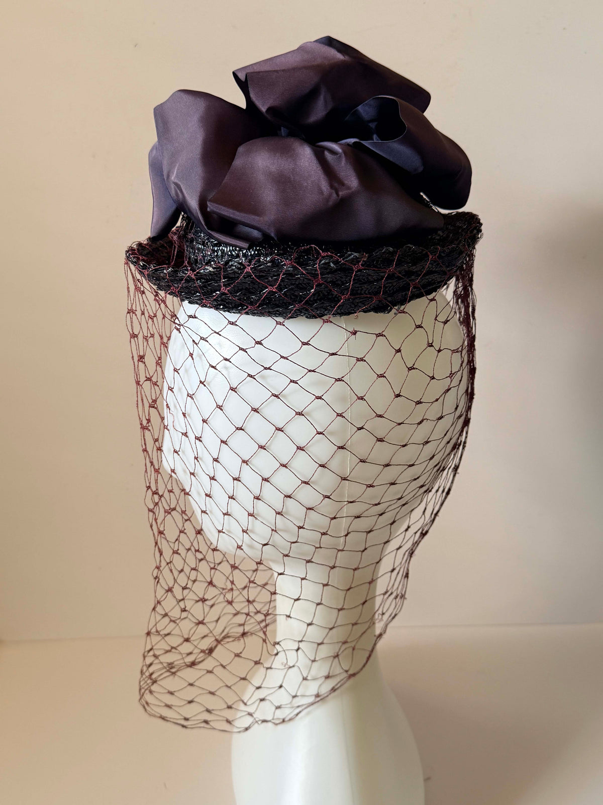 Vintage 1940s Black Straw Cocktail Hat Burgundy Face Veil Satin Bow Women's WWII Era Mid Century Millinery