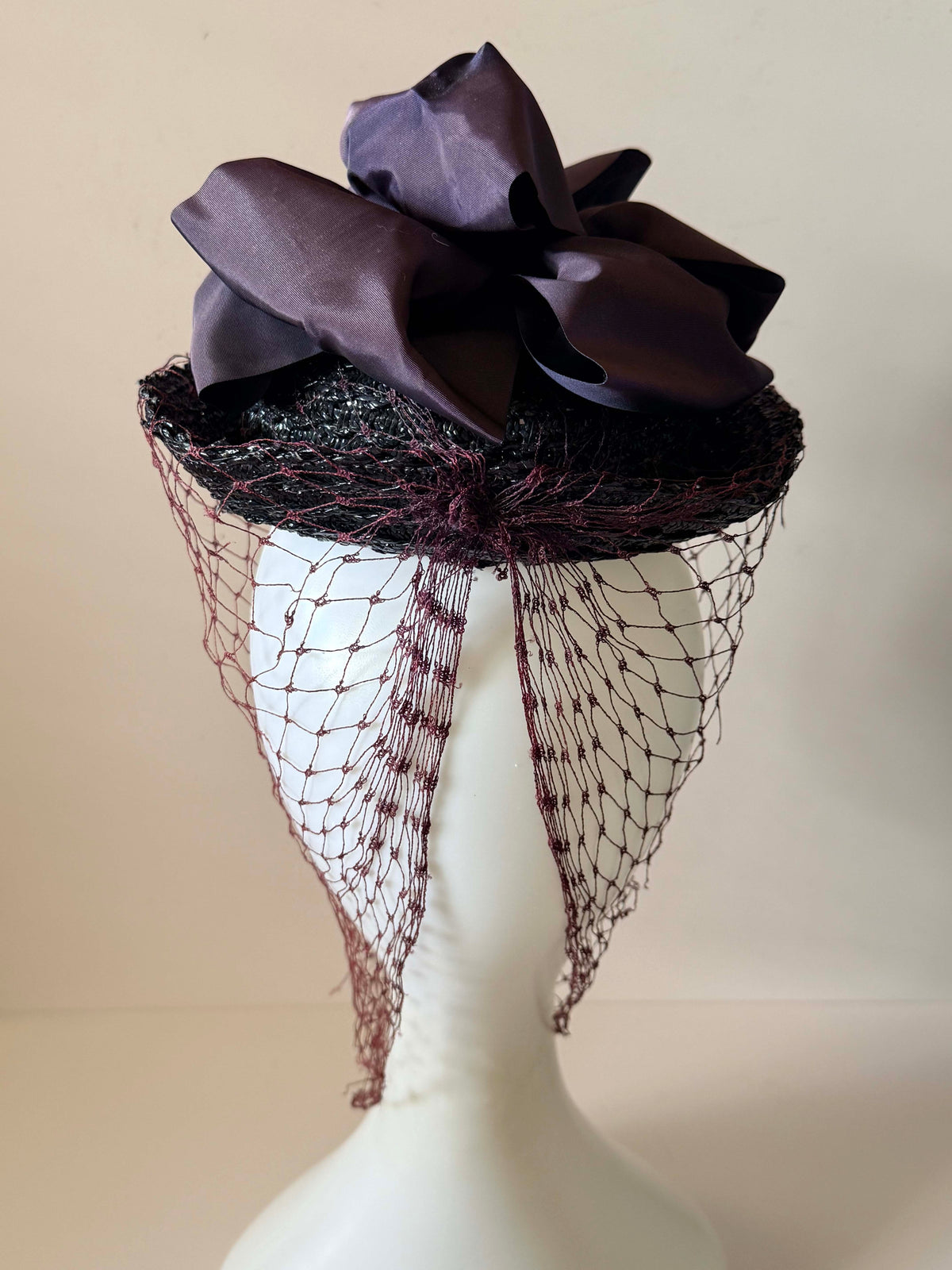 Vintage 1940s Black Straw Cocktail Hat Burgundy Face Veil Satin Bow Women's WWII Era Mid Century Millinery