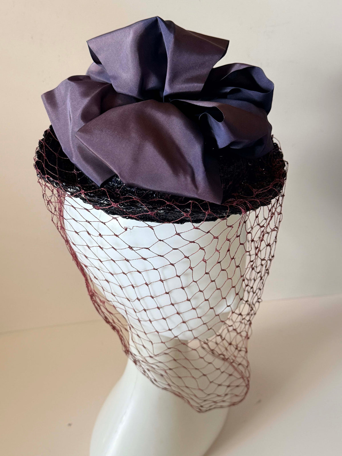 Vintage 1940s Black Straw Cocktail Hat Burgundy Face Veil Satin Bow Women's WWII Era Mid Century Millinery